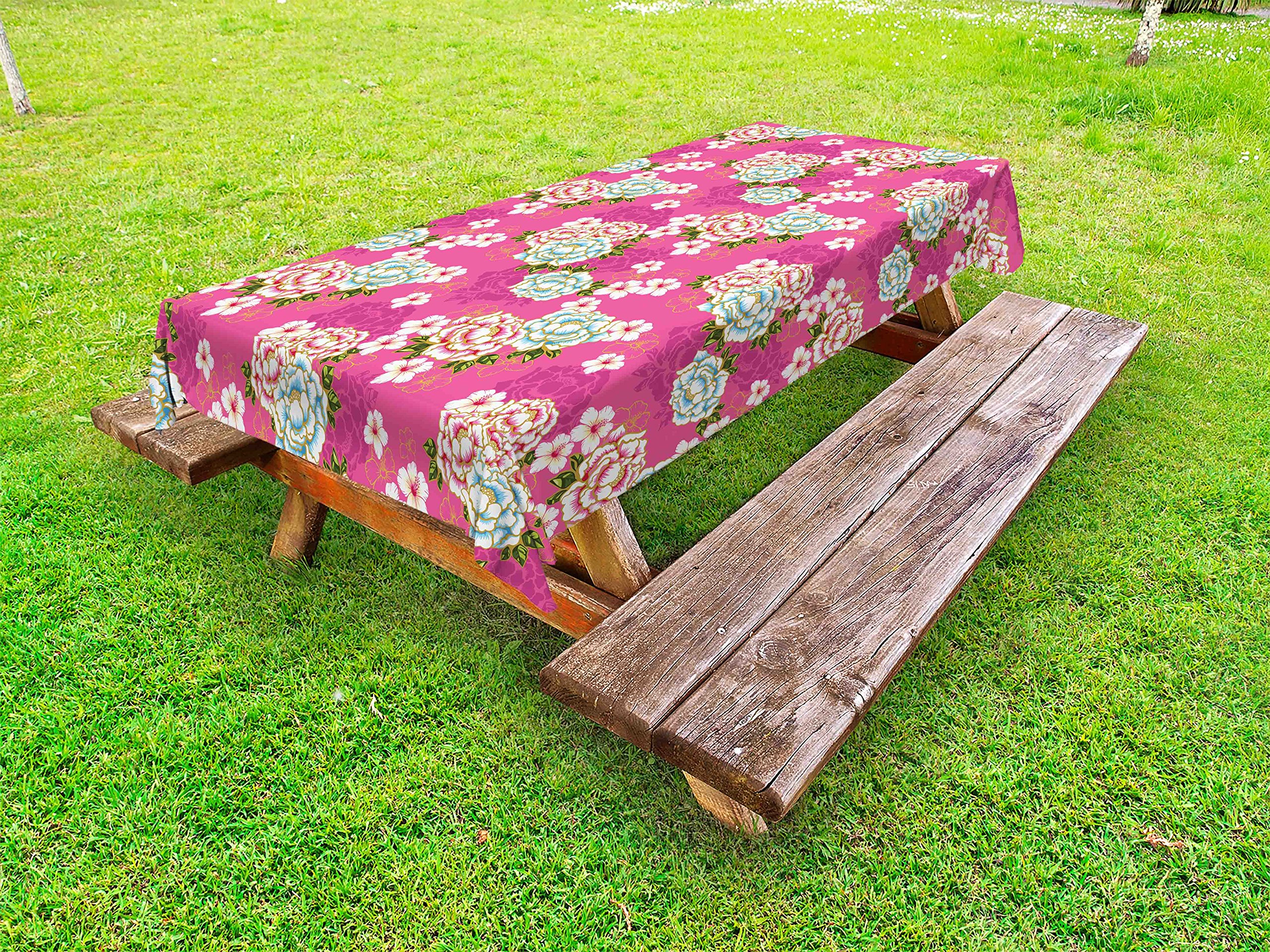 Ambesonne Traditional Outdoor Tablecloth - Vivid Botanical Peony & Hibiscus Design, Washable Picnic Table Cover 58
