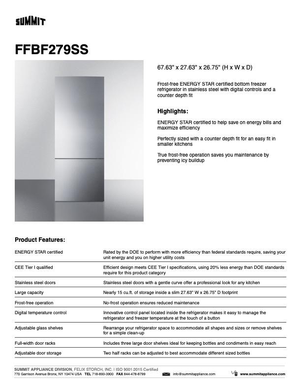 SUMMIT 28 Inch Bottom Freezer Refrigerator - Stainless Steel (FFBF279SS) | Energy Efficient Kitchen Appliance for Small Spaces & Apartments