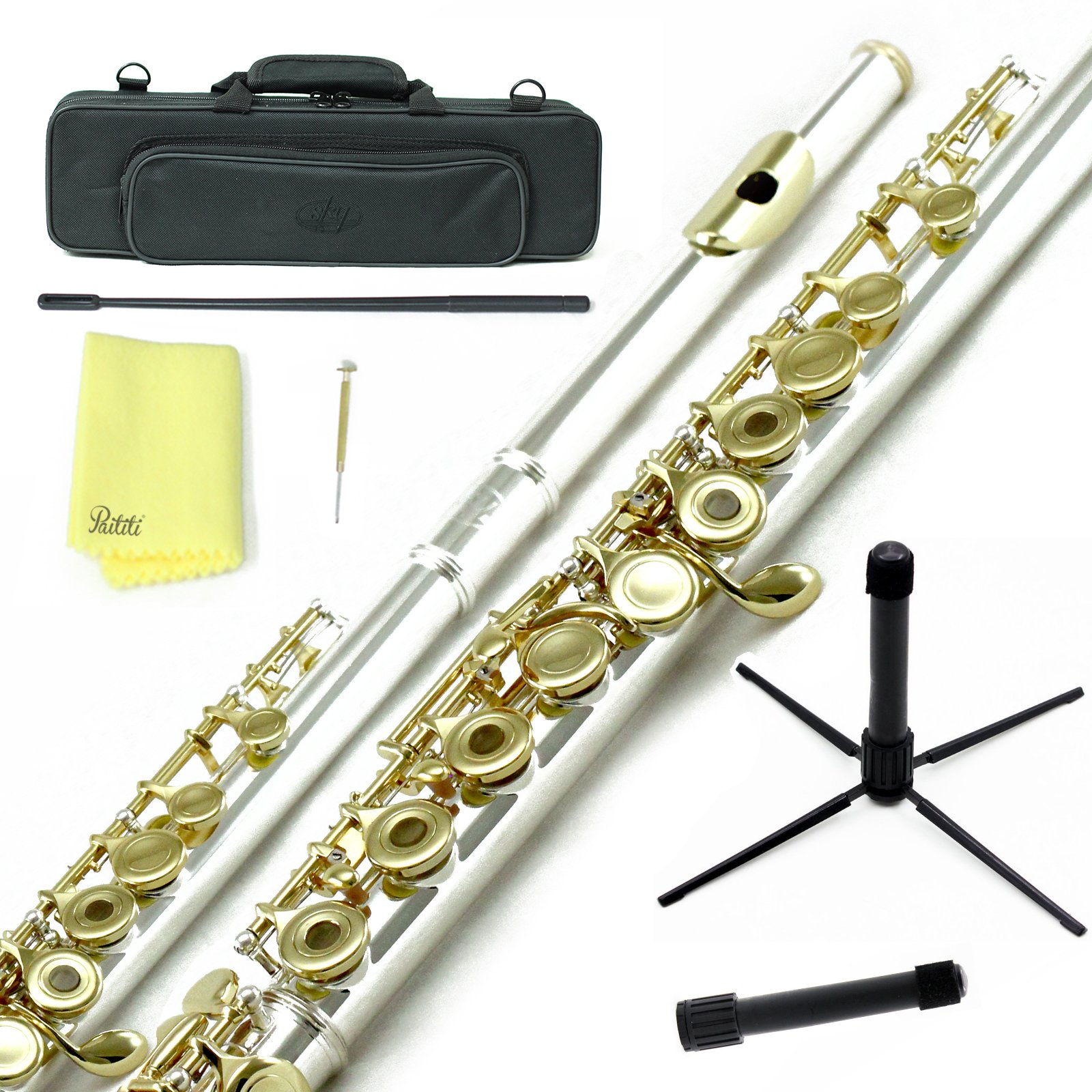 Professional Sky C Flute with Lightweight Case - Silver/Gold Open Hole Flute Set Includes Cleaning Rod, Cloth, Joint Grease & Screwdriver | Perfect for Beginners, Students & Performers | Band, Orchestra & Solo Practice