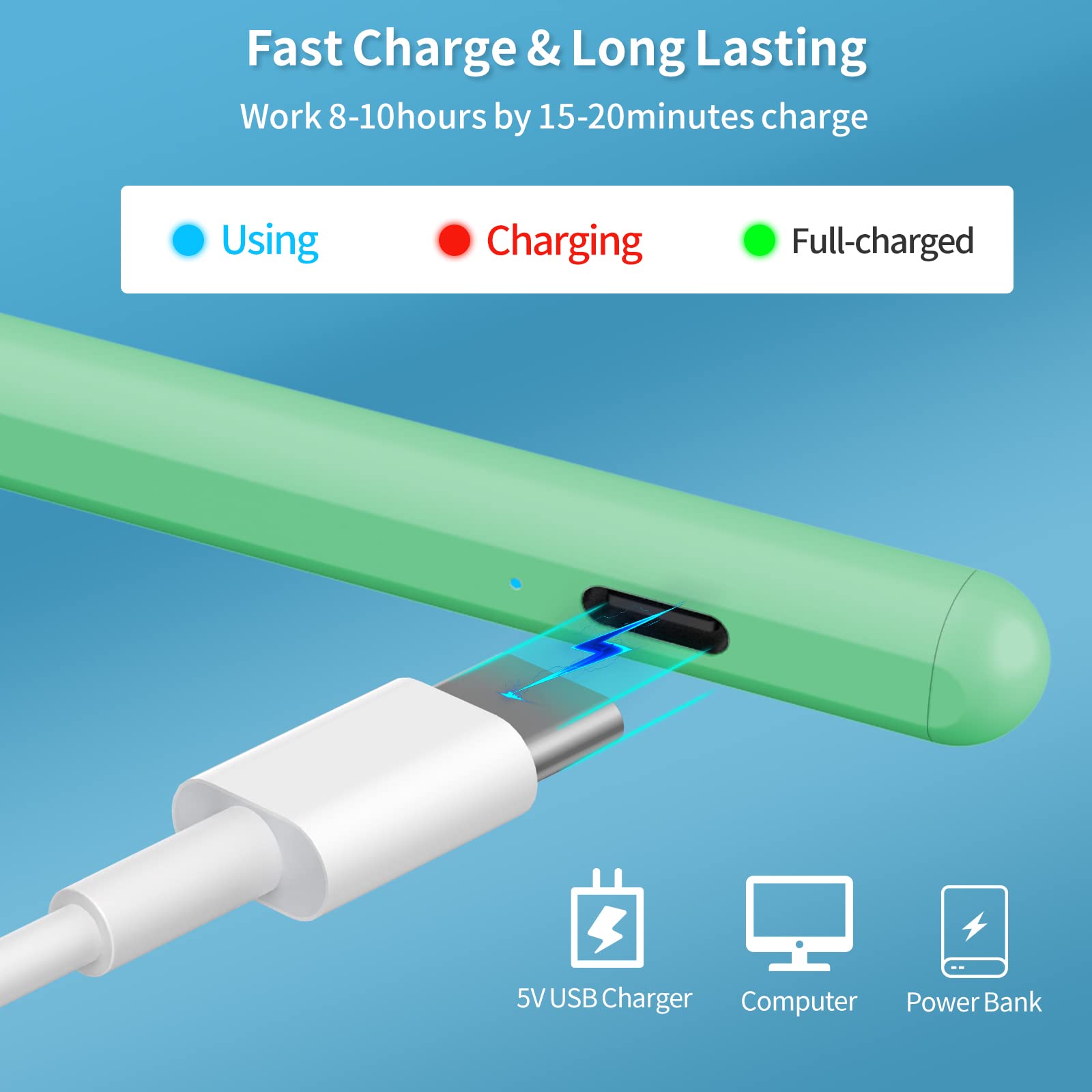 Fast Charging Stylus Pen for iPad 9th & 10th Generation - 5-Minute Quick Charge Digital Pencil - Compatible with iPad Pro 11/12.9 Inch (2018-2023), iPad 6-10 Gen, iPad Mini 5-6, iPad Air 3-5 - Green - Perfect for Drawing, Note-Taking & Professional Design Work
