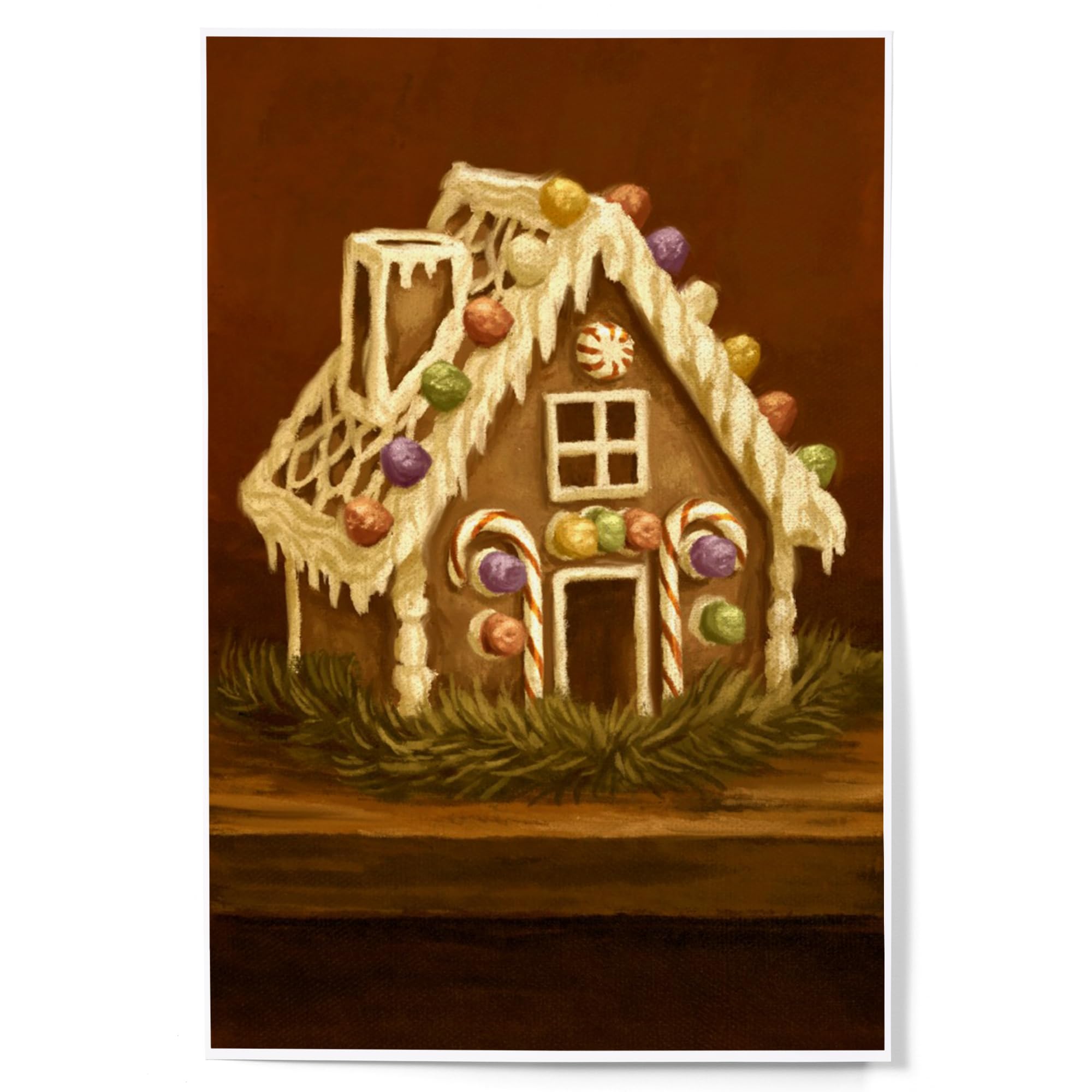 Lantern Press 12x18 Inch Gingerbread House Christmas Art Print - Oil Painting Wall Decor for Holiday Home, Office & Gift Giving