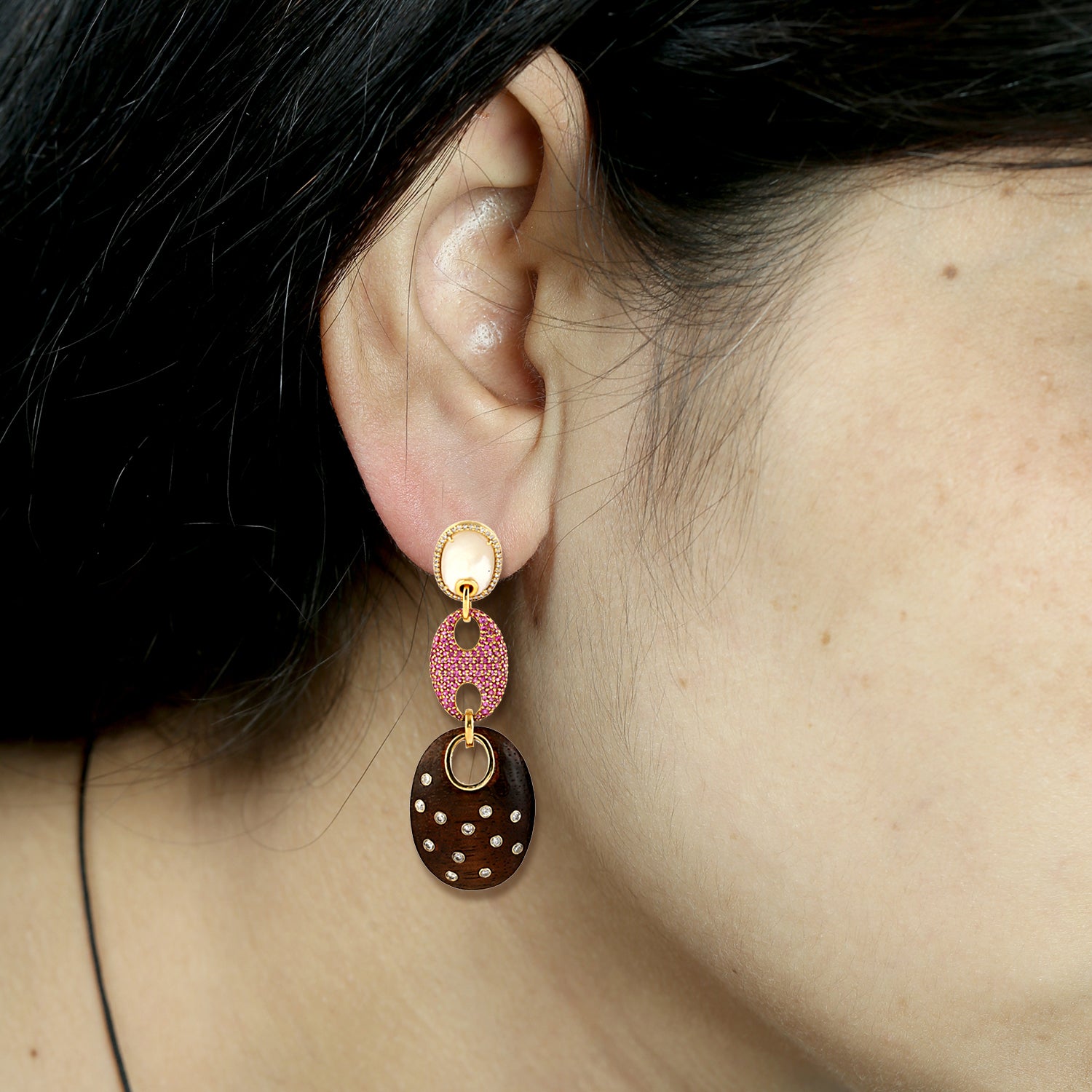 Elegant Fancy Cut Mother of Pearl Pave Pink Sapphire Gemstone Bezel Diamond Wood Dangler Earrings in Gold - Perfect for Weddings, Parties & Special Occasions
