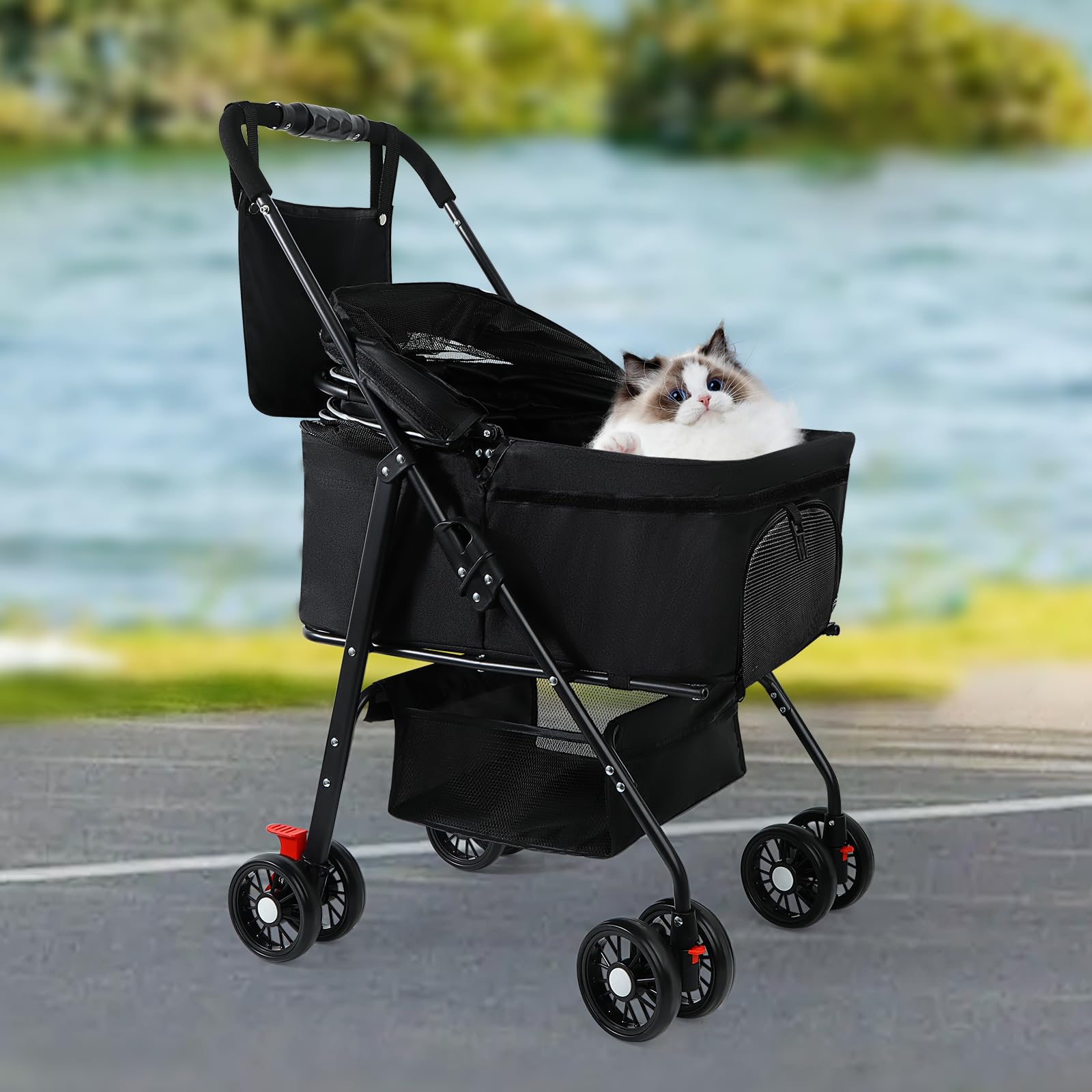 3 in 1 Foldable Pet Stroller for Small & Medium Dogs & Cats (10-50 lbs) - Removable Carrier, Storage Bag & Wheels - Perfect for Vet Visits, Shopping & Outdoor Adventures (Black)