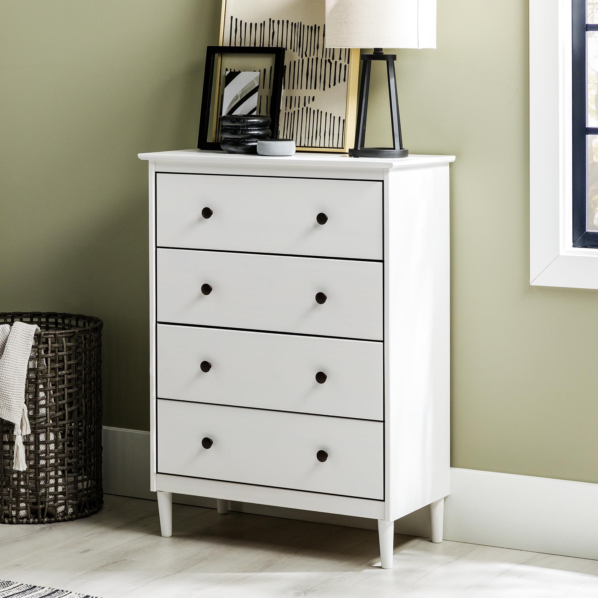 Walker Edison 4-Drawer Tall Wood Dresser - White, Bedroom Storage Organizer for Closet & Hallway | Perfect for Home, Office & Dorm Room Organization