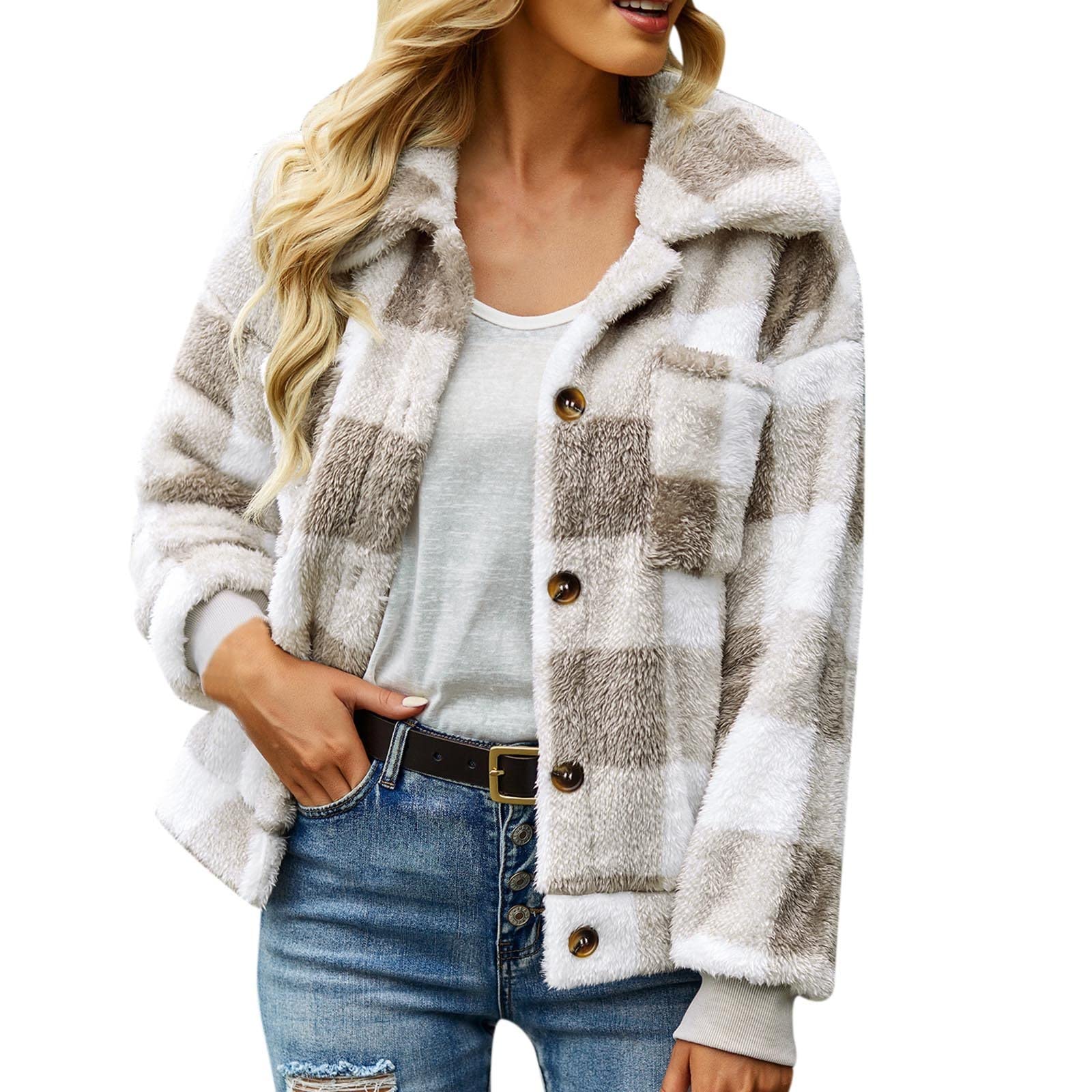 Women's Fleece Jacket - Casual Plaid Lapel Button-Up Long Sleeve Coat for Winter, Loose Fit Warm Top (Perfect for Outdoor Activities, Work, and Daily Wear)