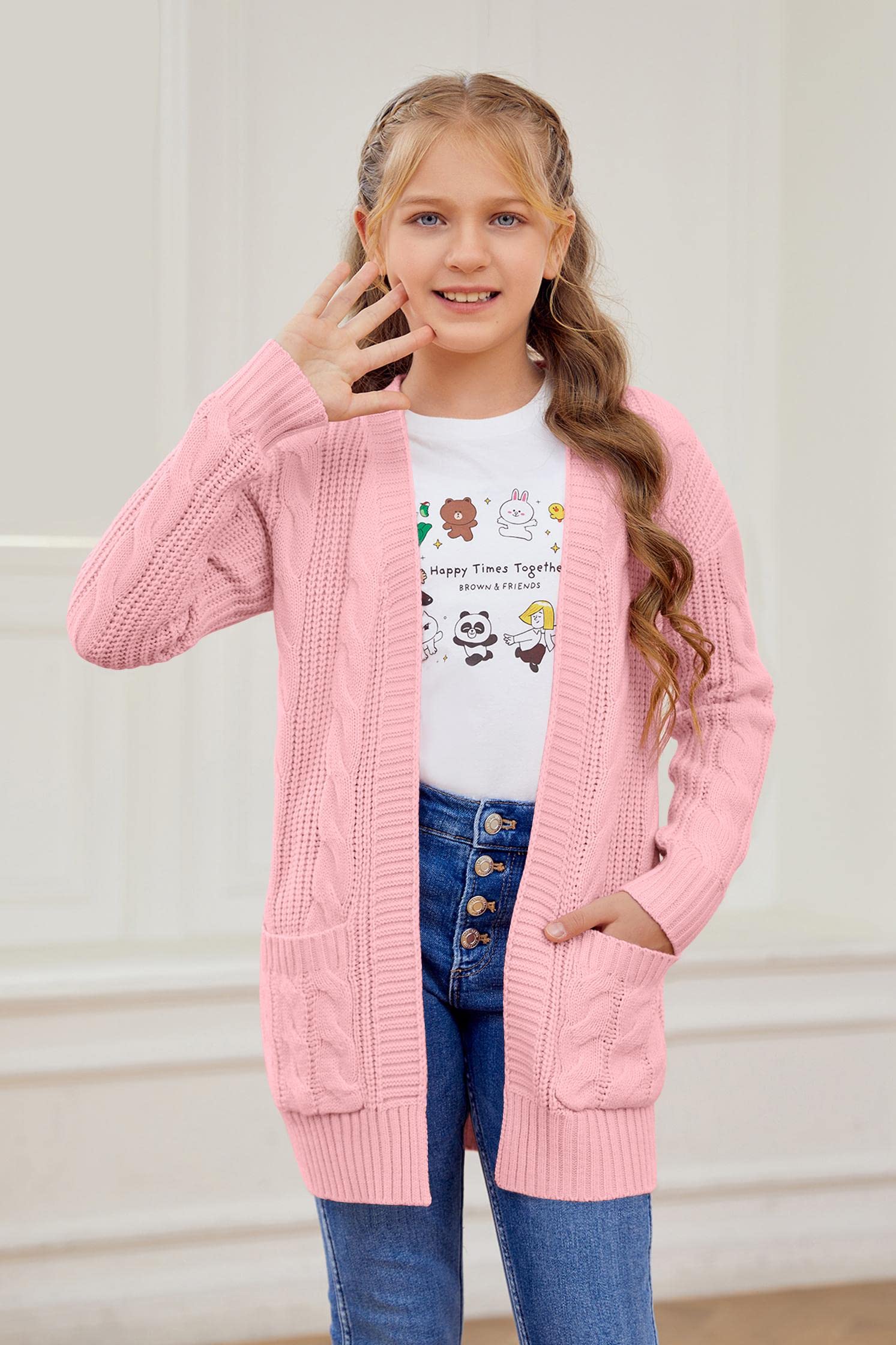 Batermoon Girls' Cable Knit Cardigan Sweater - Oversized Open Front Kids Knitwear with Pockets | Casual Outerwear for School, Playdates & Family Outings