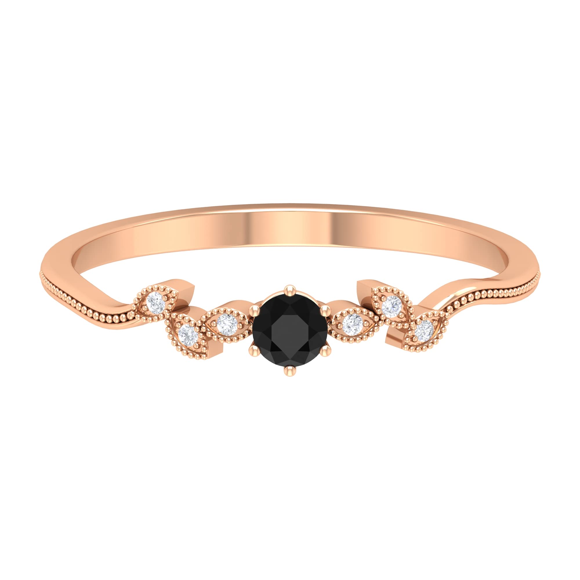 Black and White Diamond Ring for Women - 14K Solid Gold Minimalist Black Diamond Promise Ring with Leaf Branch Design - Perfect for Engagement, Anniversary, and Special Occasions