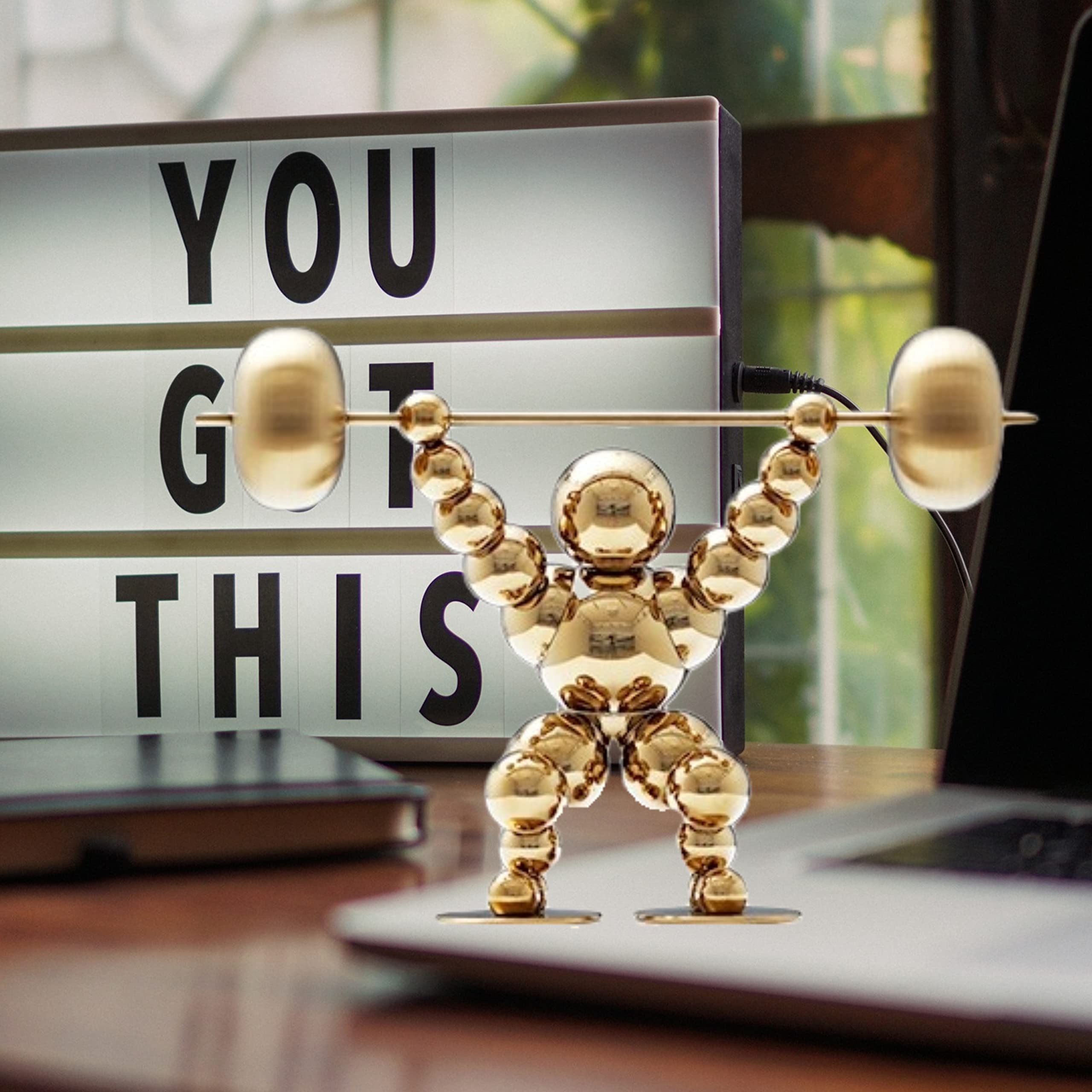 Gold Weightlifting Sculpture - Modern Stainless Steel Office & Gym Decor - Unique Gifts for Bodybuilders & Fitness Enthusiasts - Perfect for Home Gym, Man Cave, or Work Desk Decoration