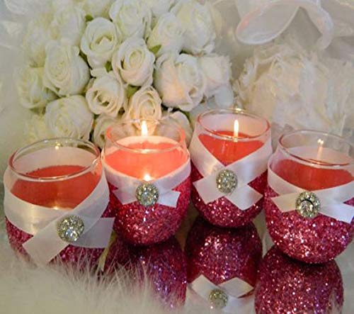 6 Hot Pink Fuchsia Glitter Candle Holders - Elegant Wedding Favors, Bridal & Baby Shower Centerpiece Decorations, Quinceanera Party Supplies - Perfect for Romantic Dinners, Table Settings and Special Occasions
