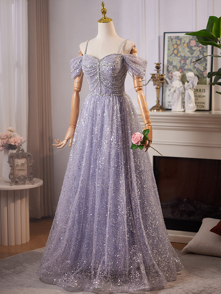 Elegant Off-Shoulder A-Line Blue Sequin Tulle Prom Dress | Long Formal Evening Gown for Homecoming, Quinceañera & Special Occasions