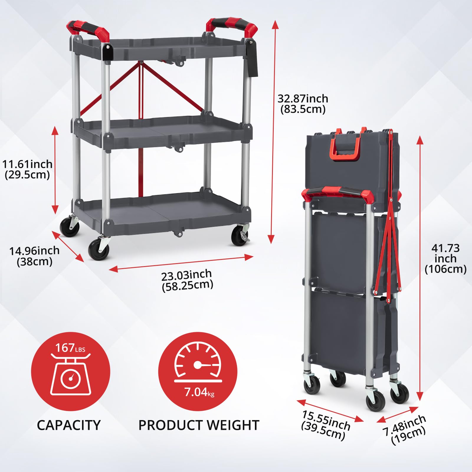 GARVEE 3-Tier Folding Utility Cart with Wheels - 360° Swivel Heavy Duty Service Cart (56lb Capacity per Tier) | Collapsible Rolling Cart for Tools, Cleaning Supplies, Kitchen, Bar, Garage & Office Use | Space-Saving Grey Storage Cart for Home & Commercial Spaces