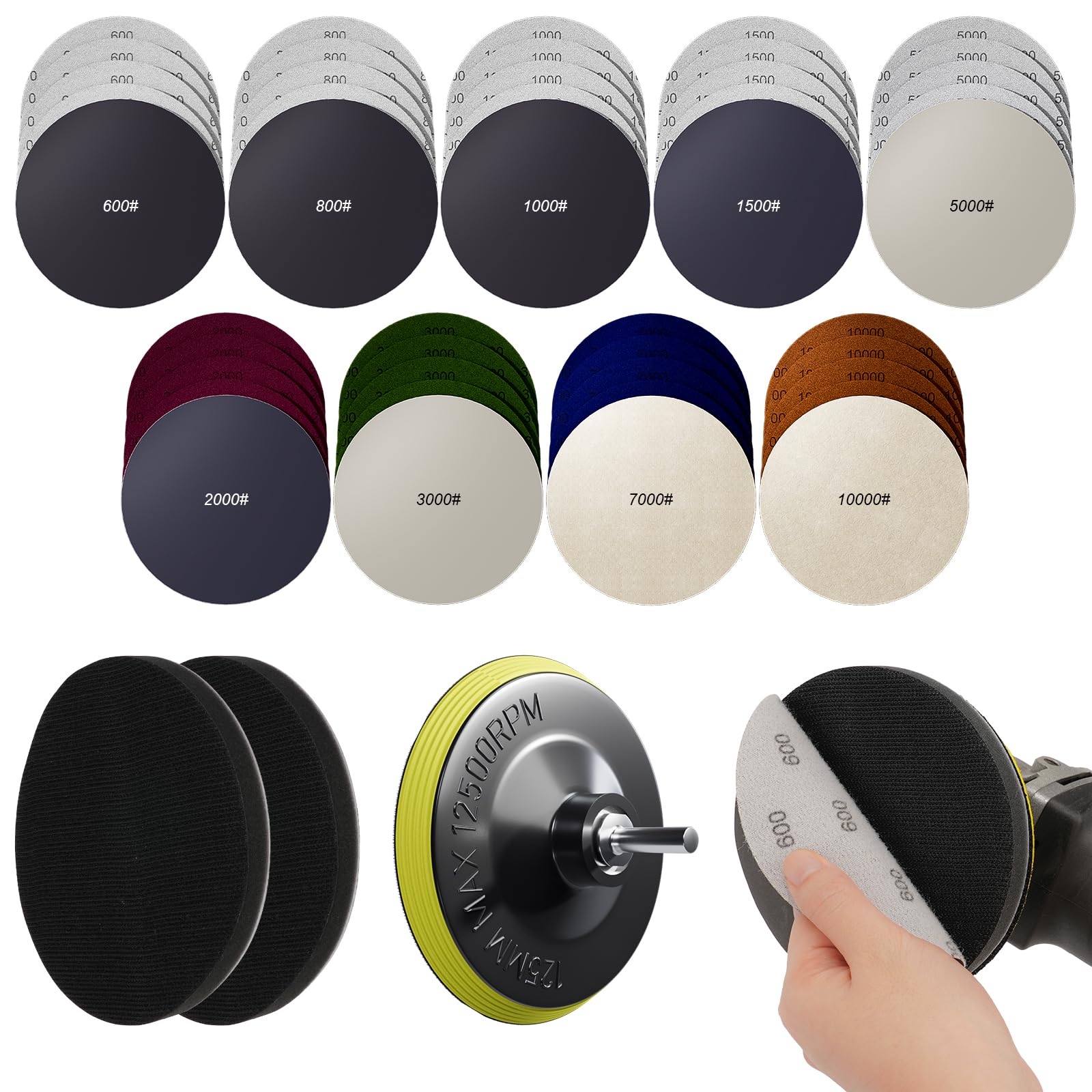 TOOVEM 49PCS 5 Inch Wet Dry Sanding Discs Kit with Hook and Loop Backing Pad - 600 to 10000 Grits Sandpaper for Wood, Metal & Car Polishing - Angle Grinder & 5/8-11 Drill Attachments - Perfect for DIY Projects, Auto Detailing & Furniture Refinishing