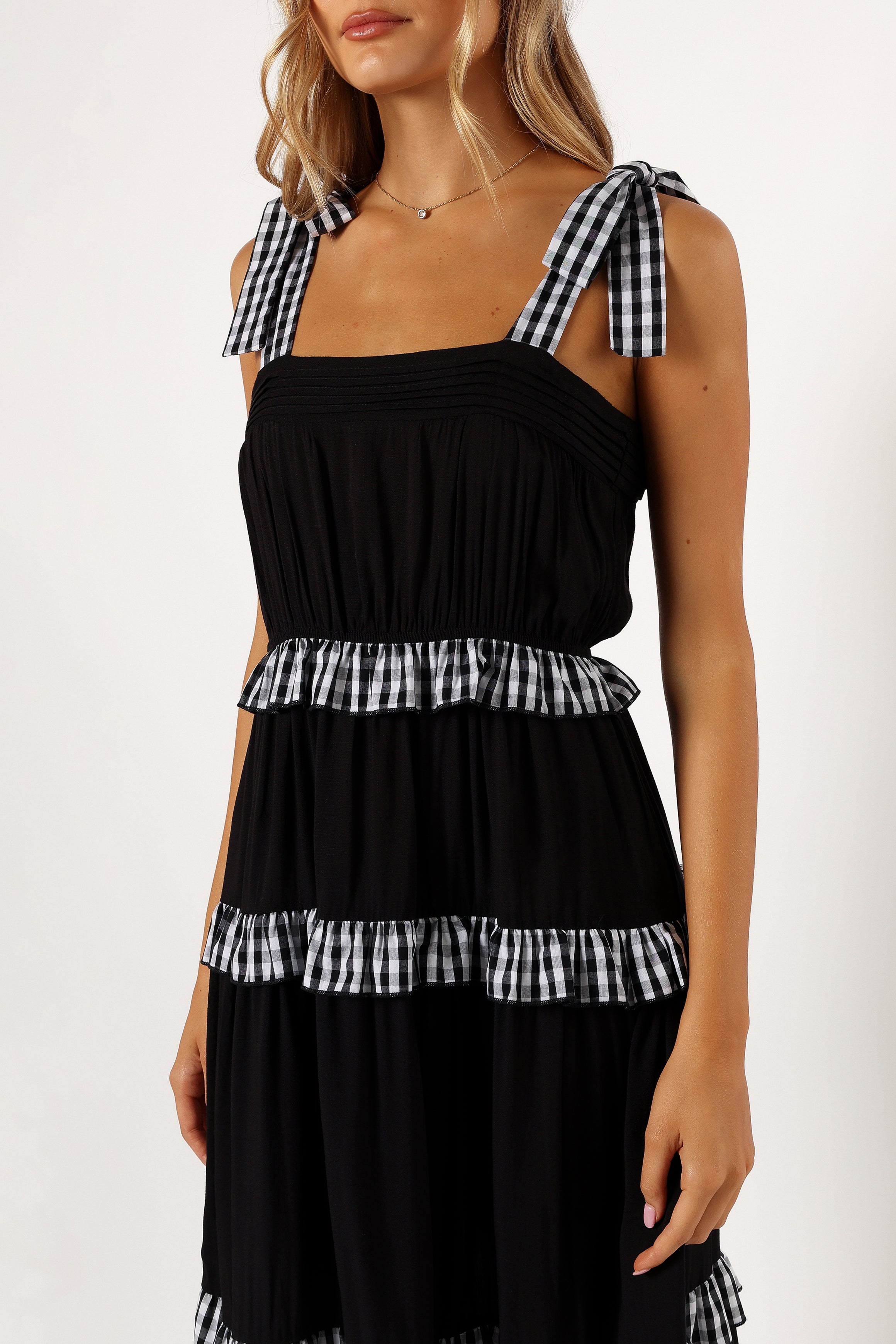 Charming Black Gingham Tiered Midi Dress for Women - Flowy Summer Dress with Ruffles for Casual Wear, Date Night & Vacation Outfits