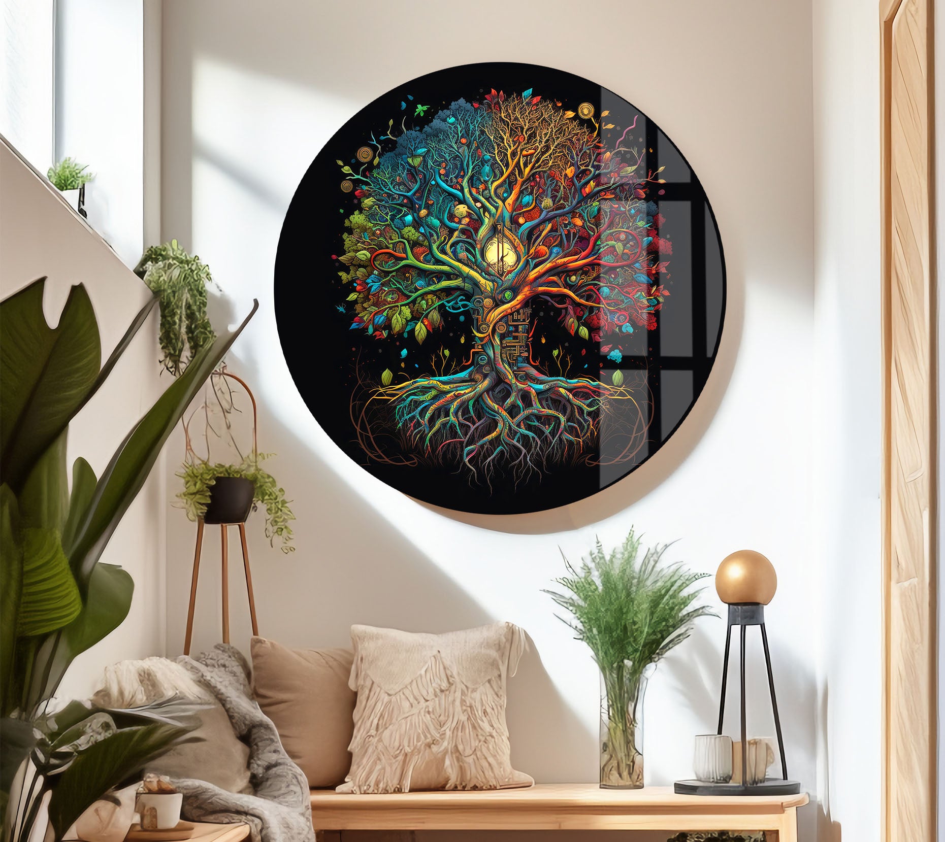 Vibrant Tree of Life Wall Art Decor - LED Illuminated Fantasy Roots Glass Painting for Living Room, Bedroom & Office Decor