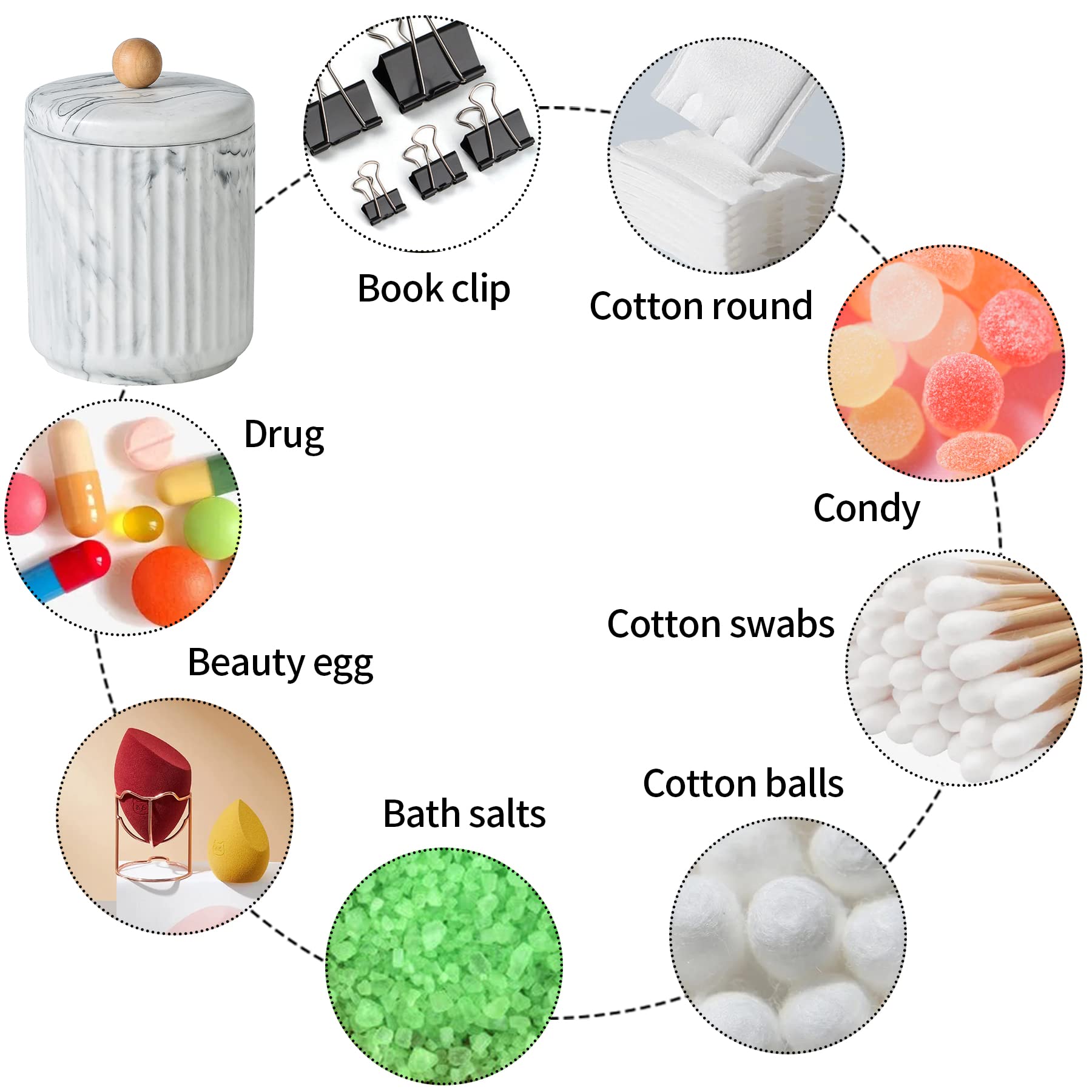 Marble Ceramic Cotton Swab Holder with Lid & Dresser Organizer Set - Small Bathroom Storage Jar for Cotton Balls, Q-Tips & Beauty Essentials | Perfect for Vanity, Bathroom Counter, Kitchen & Office Organization