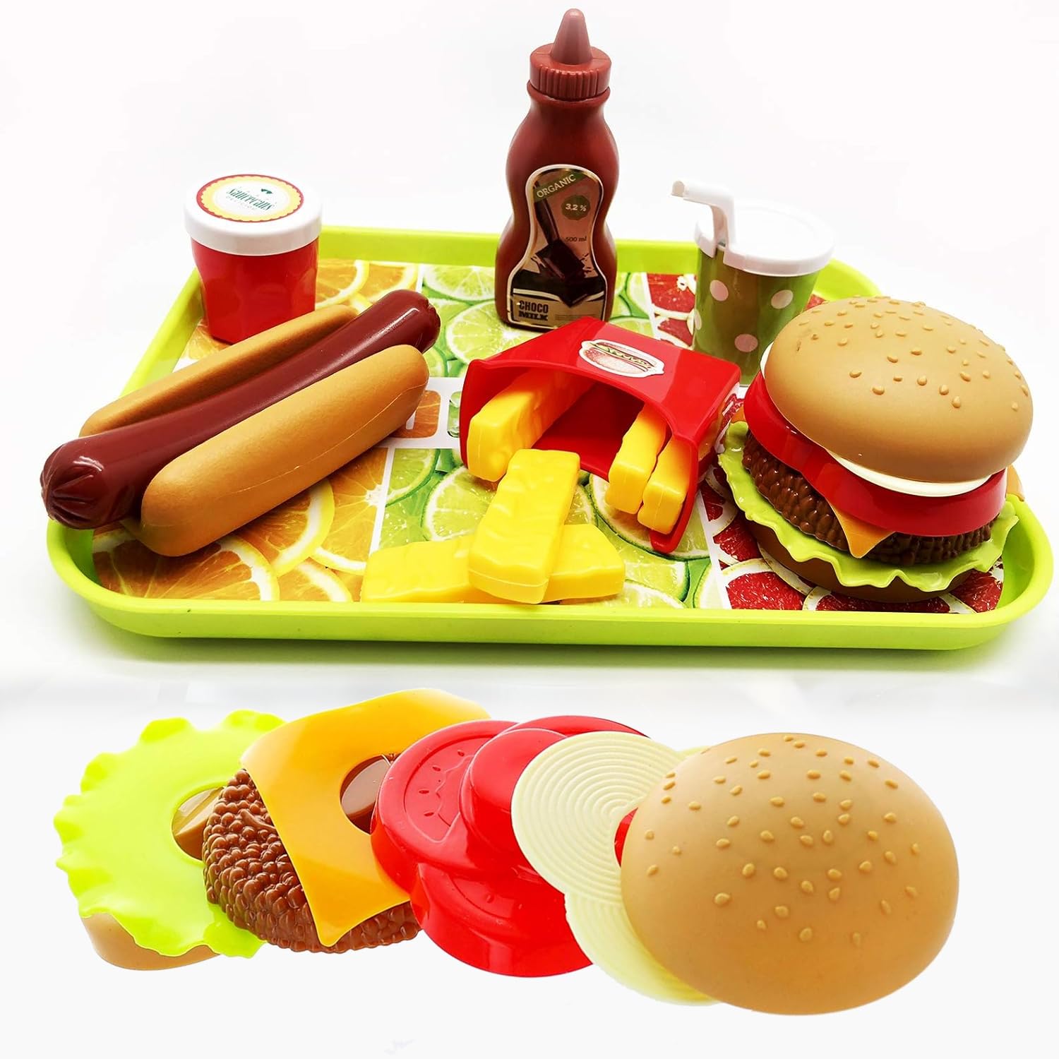 Kids Pretend Play Fast Food Cooking Set - Hamburger, Hot Dog, Fries, Soda & Condiments for Imaginative Role Play | Perfect for Birthday Gifts & Kitchen Toy Fun