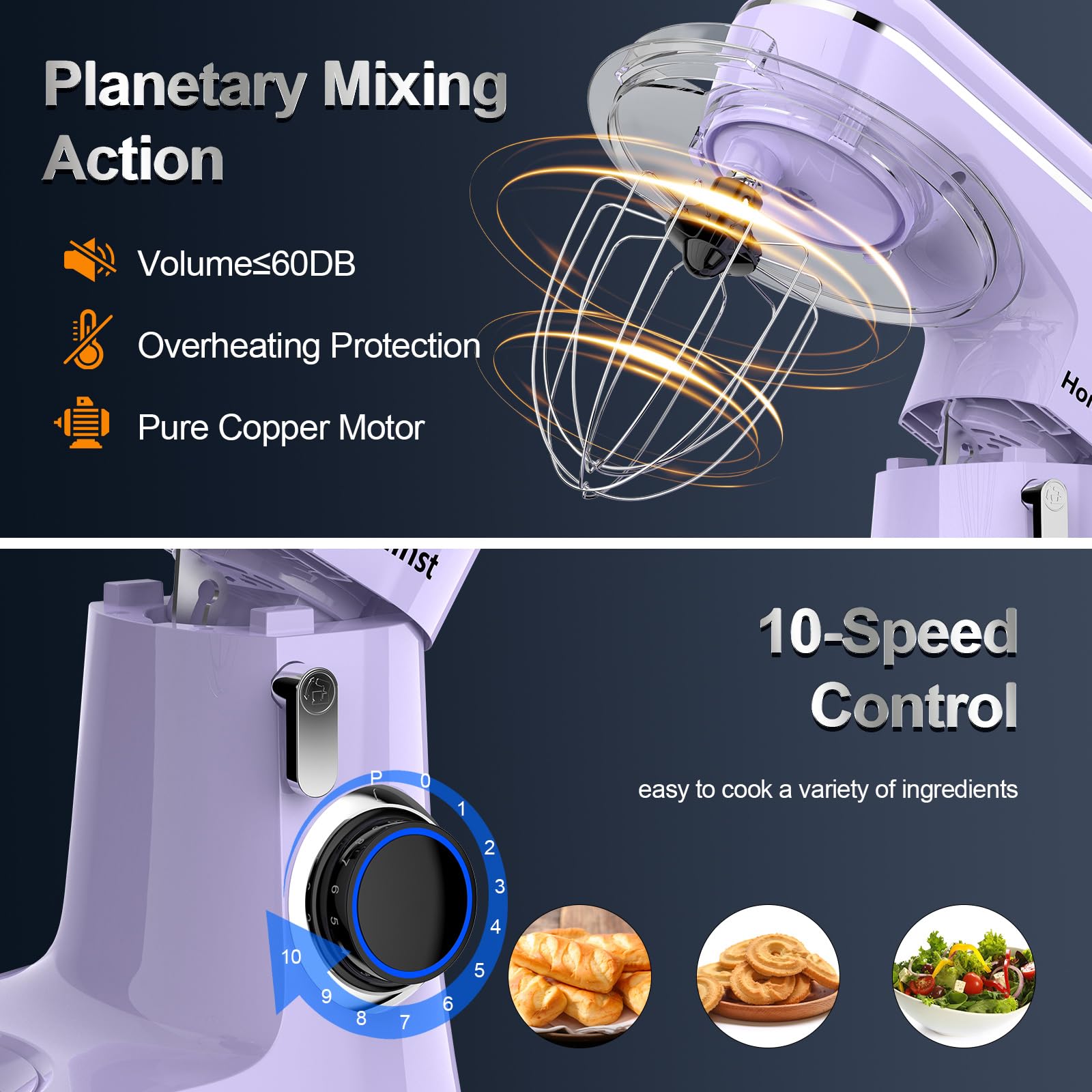 6.5QT 10-Speed Tilt-Head Stand Mixer - 3-in-1 Electric Kitchen Mixer with Stainless Steel Bowl, Dough Hook, Whisk & Beater - Perfect for Baking Cakes, Cookies, Bread & More - Purple Countertop Mixer for Home Bakers & Cooking Enthusiasts