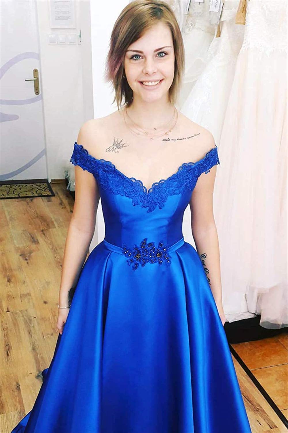 Elegant Off-The-Shoulder Applique Lace Prom Dress for Women - Long Formal Evening Gown for Homecoming, Wedding Guest & Special Occasions