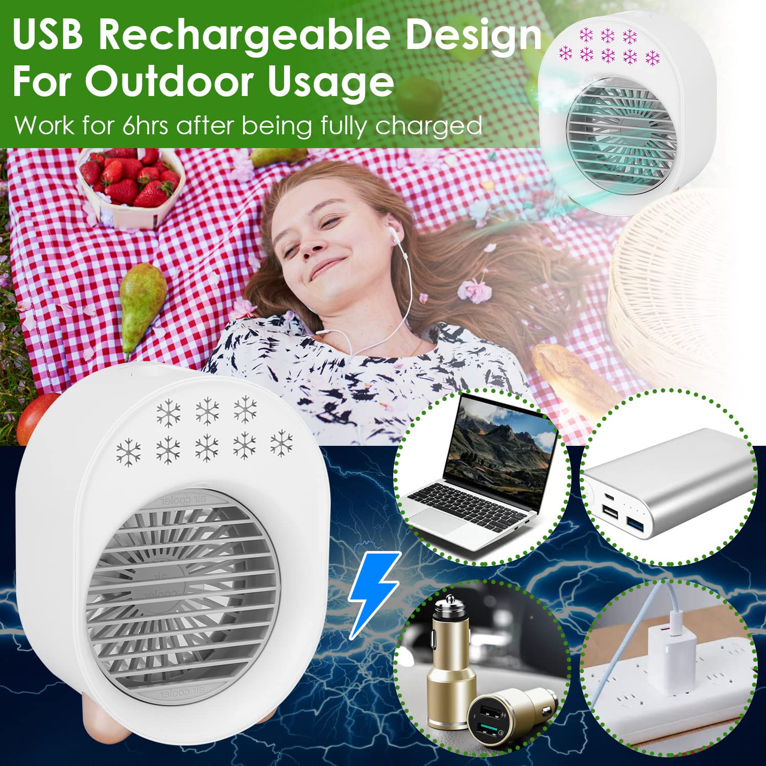 4-in-1 Portable Air Conditioner Fan with Water Mist Cooling - USB Rechargeable Evaporative Air Cooler with 3 Speed Settings | Perfect for Bedroom, Office, Car, RV & Camping | Stay Cool Anywhere