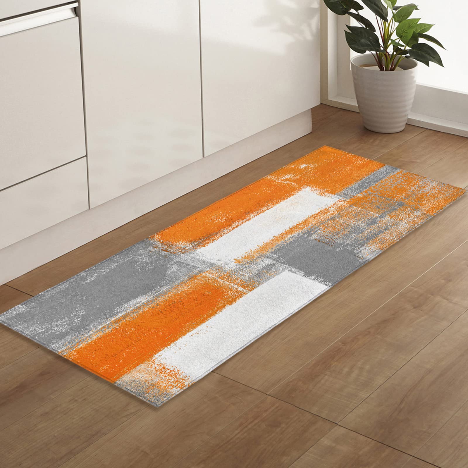 Non-Slip Absorbent Doormat 20x63 Inch - Soft Indoor Entrance Rug with TPR Backing, Abstract Geometric Graffiti Oil Painting Style in Orange - Perfect for Front Door, Back Door, Mudroom, and Entryway Floor Protection