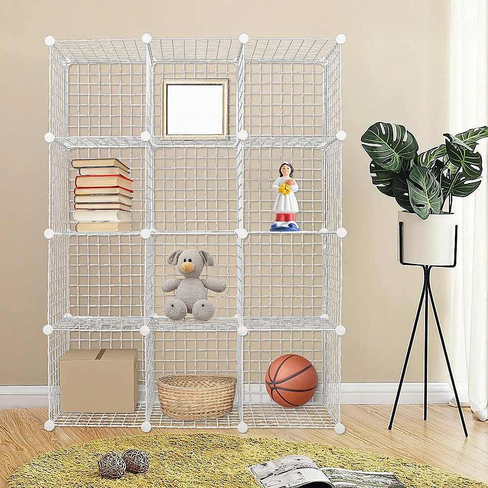 12 Cube Wire Grid Organizer Bookcase - White Storage Cabinet for Wardrobe, Closet & Home Organization | Perfect for Bedroom, Office & Living Room Storage Solutions