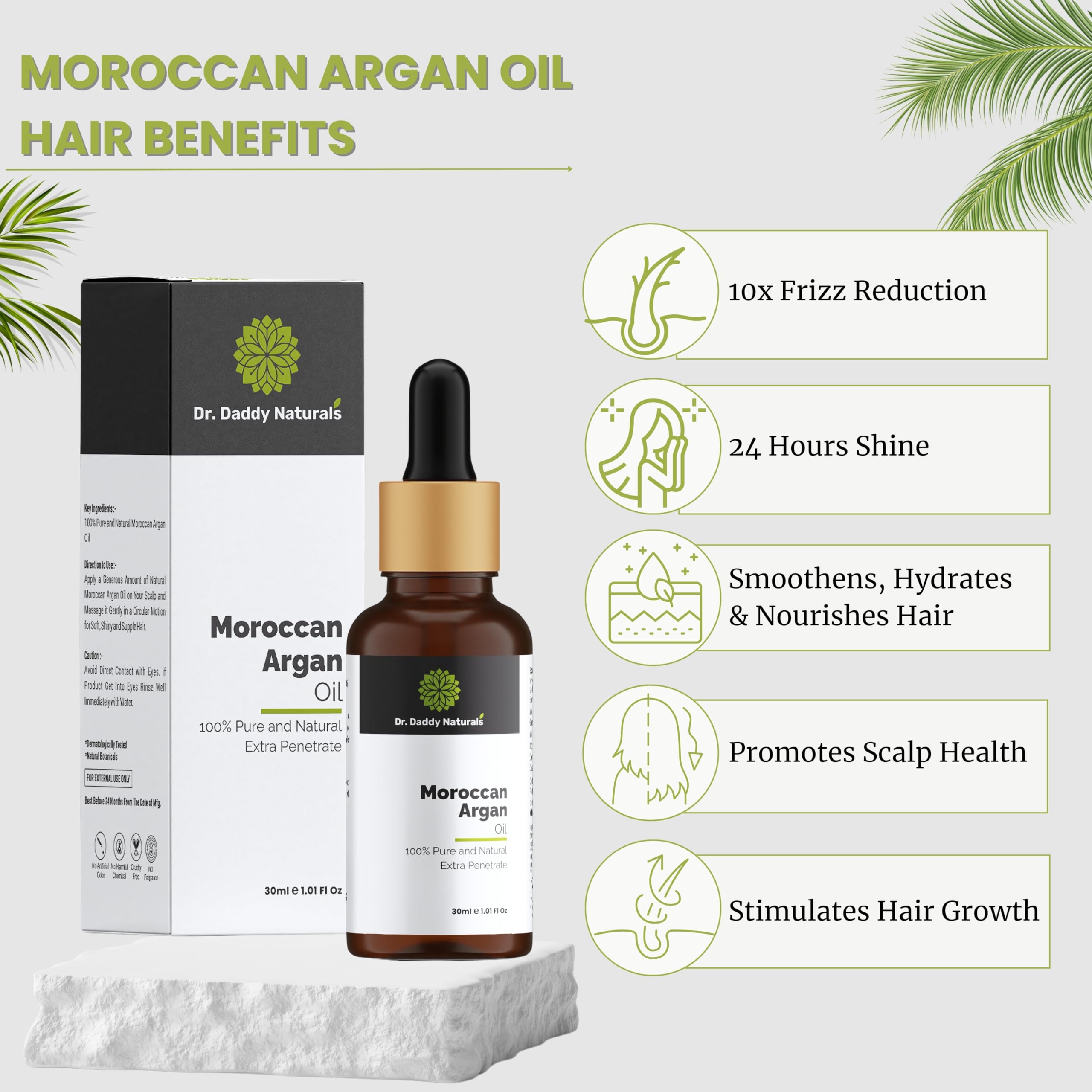 Dr. Daddy Naturals 100% Pure Organic Cold Pressed Moroccan Argan Oil for Hair, Face & Skin - Frizz Control, Daily Nourishment, Stronger Hair Growth - 30ml | Perfect for Dry Hair Treatment, Skin Hydration & Anti-Aging Care