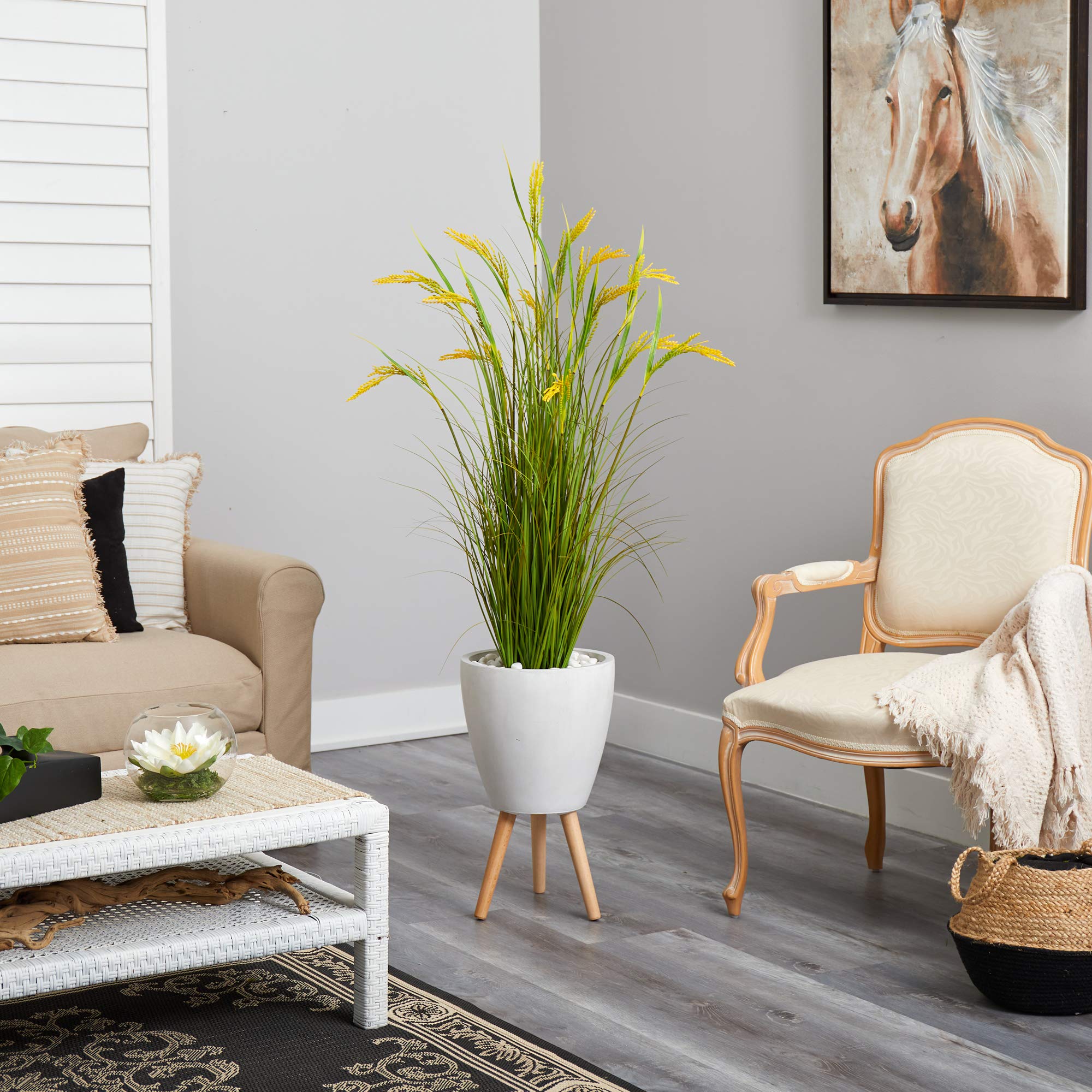 Nearly Natural 5 Inch Wheat Grain Artificial Plant in White Planter with Legs - Perfect for Home, Office, and Farmhouse Decor