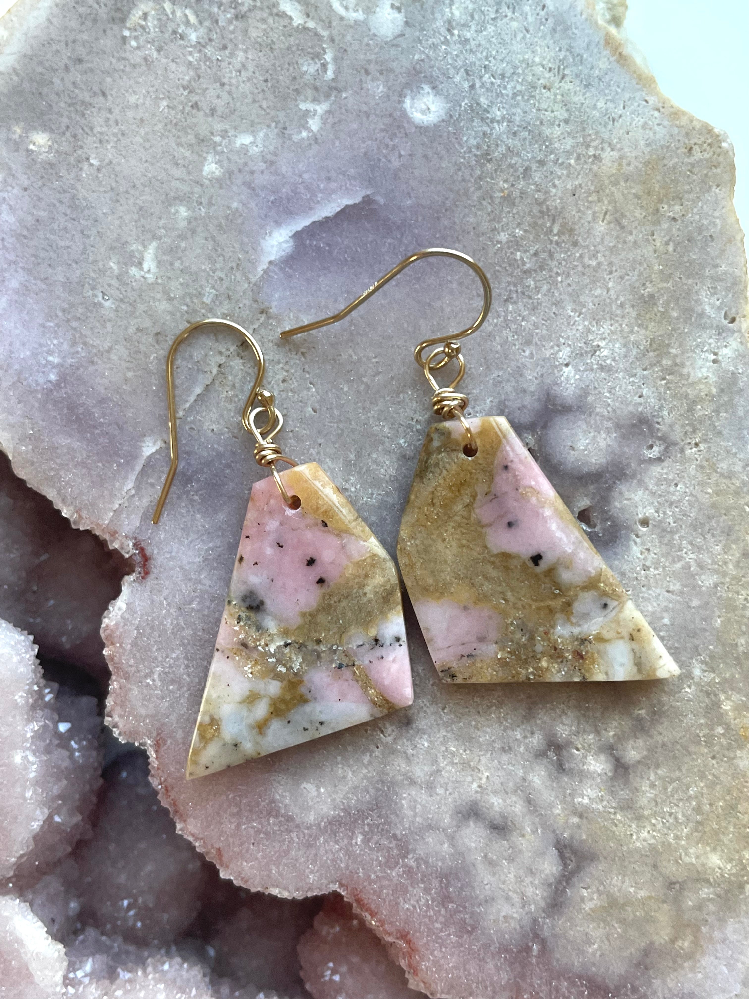 Pink Opal Gold Filled Statement Crystal Gemstone Earrings for Women | Elegant Dangle Drop Earrings for Party, Wedding & Special Occasions