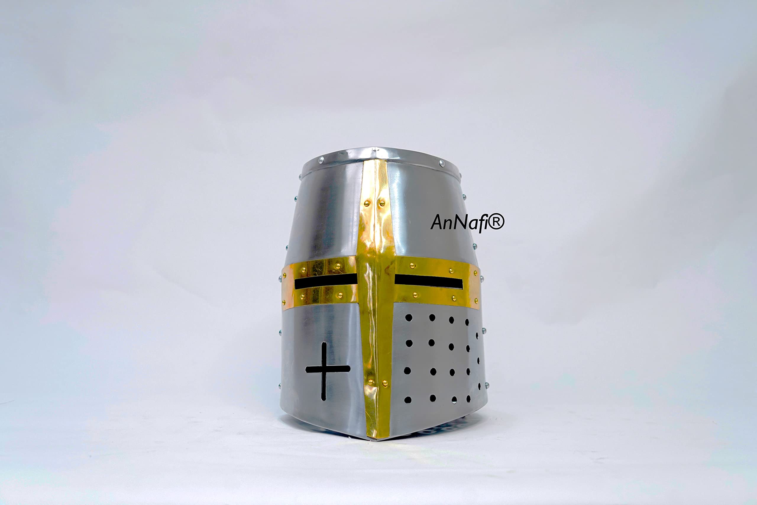 AnNafi® Medieval Templar Crusader Knight Armor Helmet with Wooden Stand - Greek Roman Spartan Armor Replica - Silver & Gold Plated Collectible Helmet for History Enthusiasts, Cosplay, and Home Decor