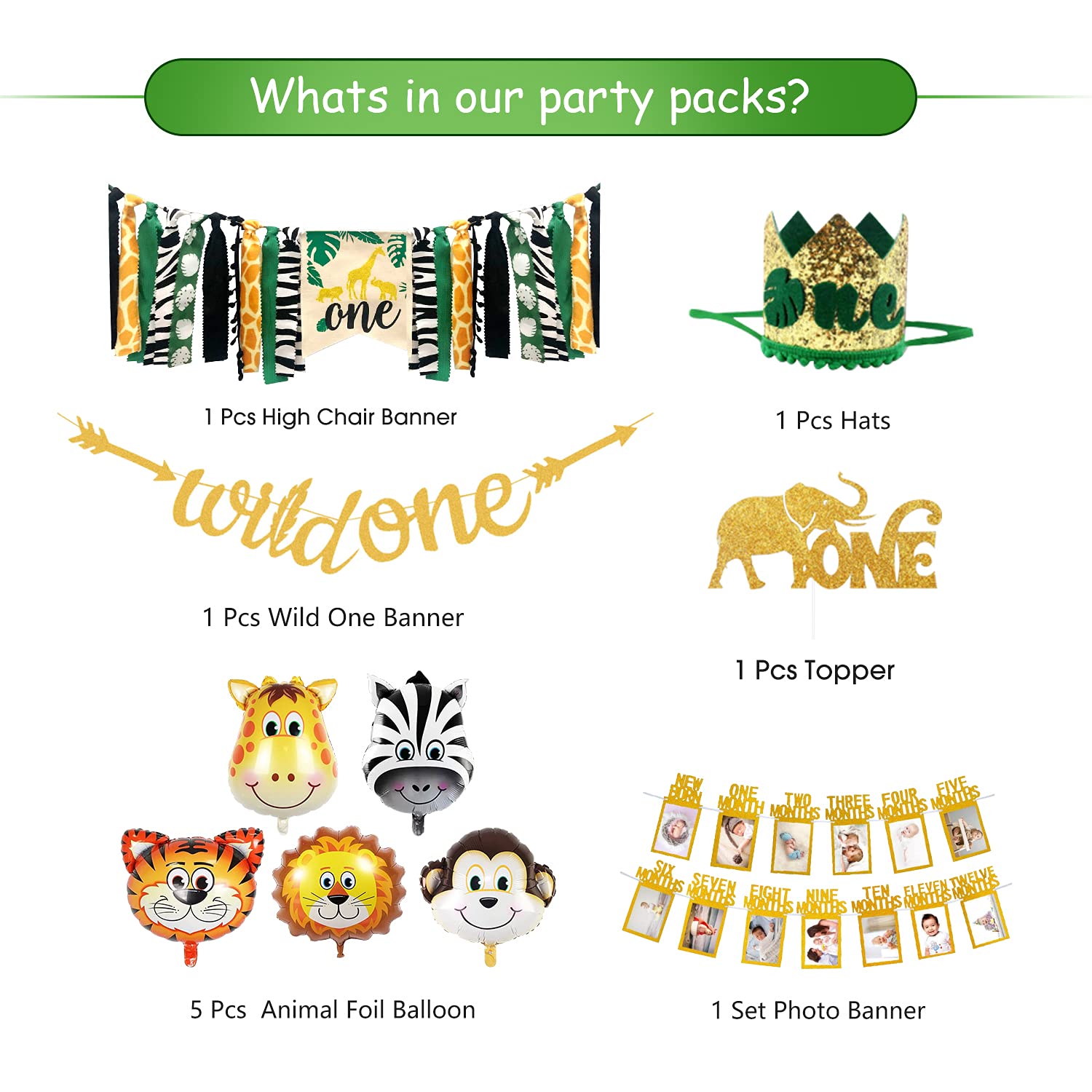 Wild One Jungle Theme Birthday Party Decorations Set - Leaf Garland, Baby Photo Banner, Highchair Banner, Cake Topper, Balloon Arch & Crown for 1st Birthday Safari Decor | Perfect for Baby Shower, Animal-Themed Parties & Nursery Room Decorations