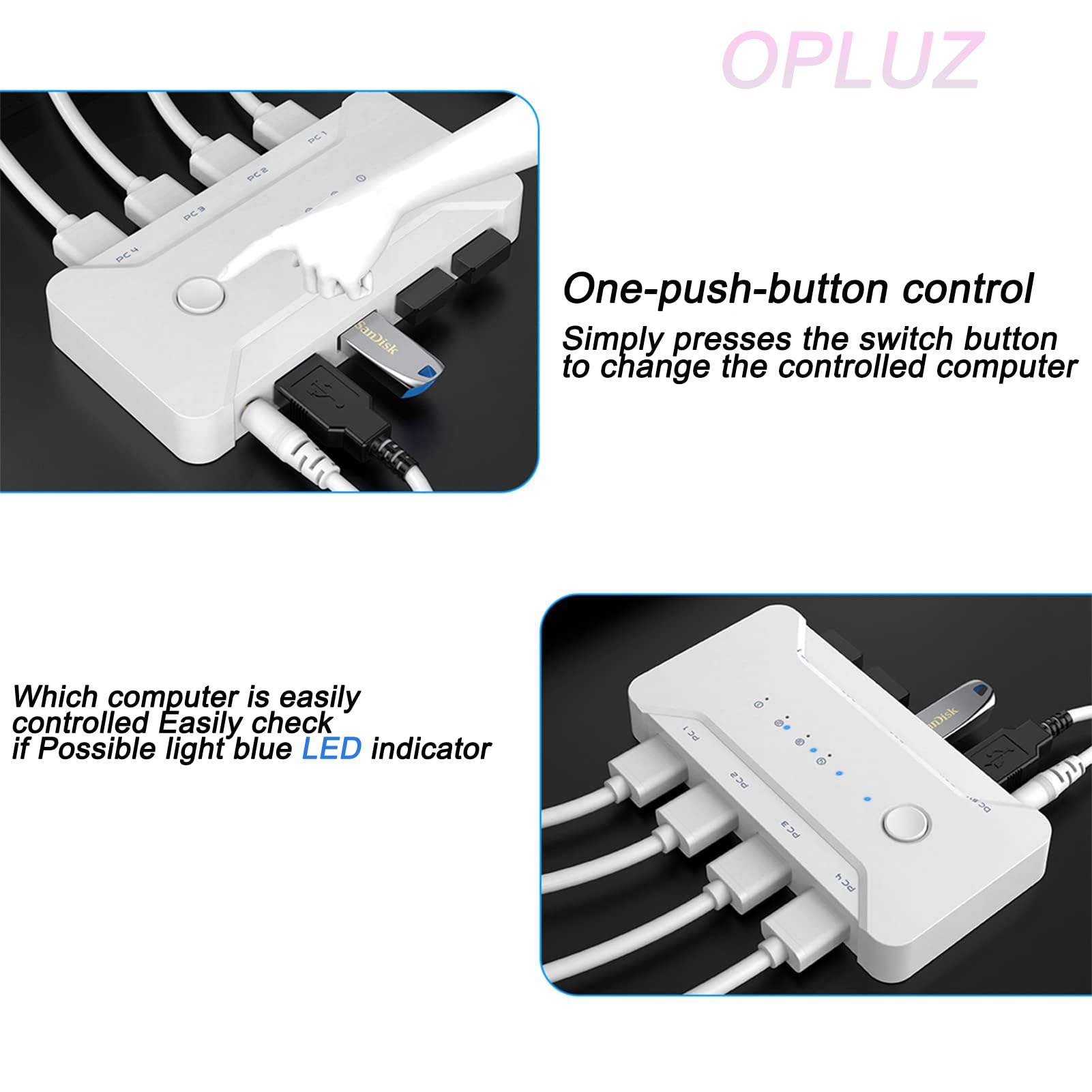 Opluz USB 3.0 KVM Switch 4 Port 4 Computer Sharing Hub - High Speed USB 3.0 Peripheral Switcher for Keyboard, Mouse, Printer, Scanner - PC & Laptop One Button Control Adapter with 4 USB 3.0 Cables - Perfect for Home Office, Gaming Setup & Multi-Device Workstations