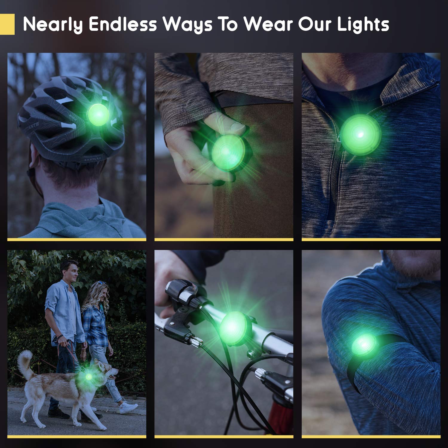 Everbeam E100 LED Safety Lights for Walking at Night - Waterproof, Bright Clip-On LED Light for Runners, Cycling, Dog Walking, Kayaking - Adjustable Straps, 2 Pack (Green) - Stay Visible During Night Jogging, Biking, and Outdoor Adventures