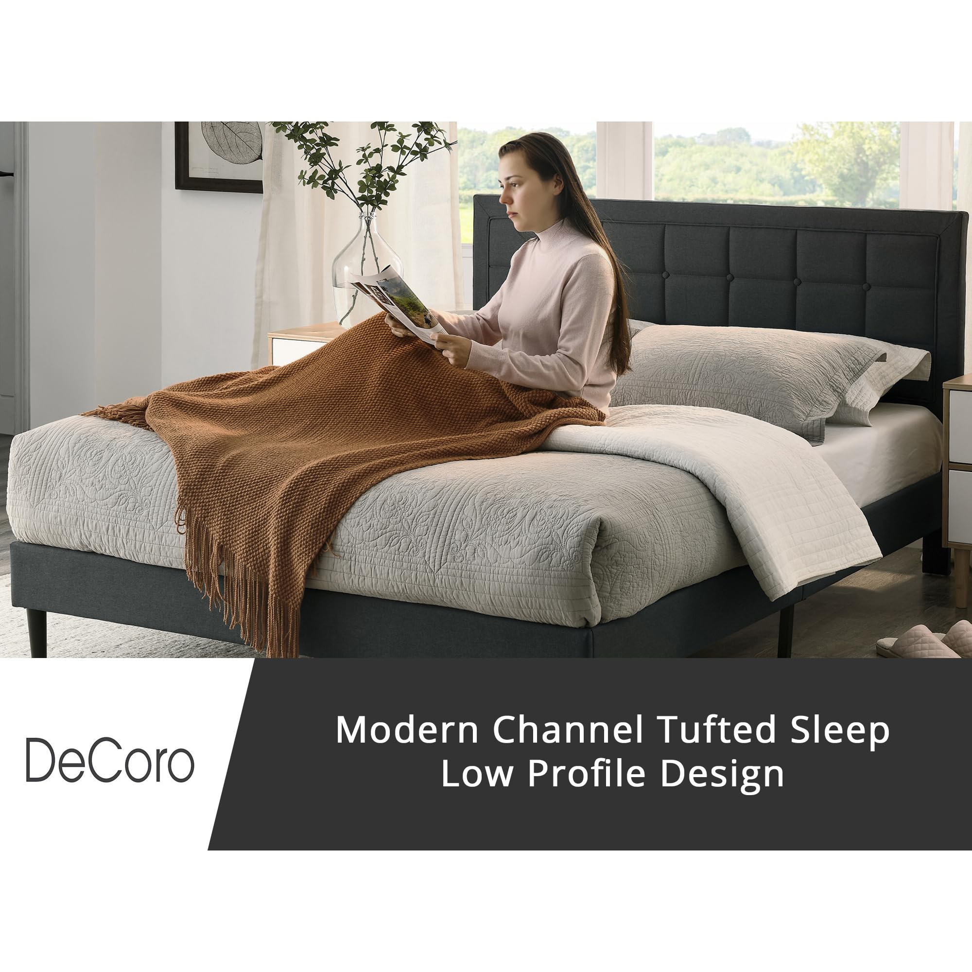 Mornington Upholstered 2.0 Platform Full Size Bed Frame with Headboard - Queen Size Dark Grey Modern Bedroom Furniture for Master Bedroom, Guest Room & Dorm