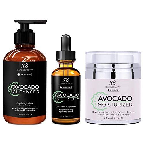 **Radha Beauty Avocado Complete Facial Care Kit - 3-in-1 Anti-Aging Set with Cleanser, Serum & Moisturizer for Wrinkles & Dark Spots | Brightening Skincare Gift Set for Day & Night Use | Perfect for Dry, Sensitive & Mature Skin**