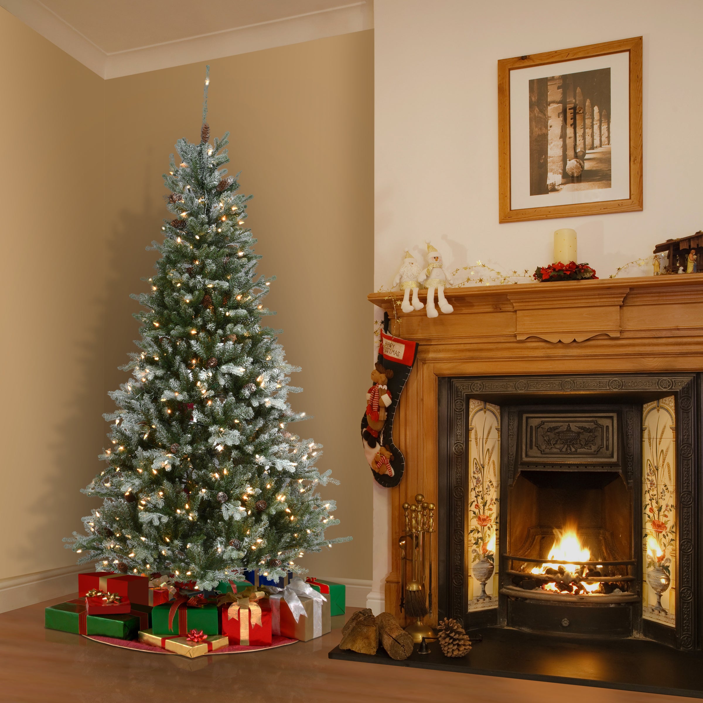 6.5 ft Pre-Lit Artificial Snowy Morgan Spruce Slim Christmas Tree with Clear LED Lights - Perfect for Small Spaces, Apartments, and Holiday Decorations