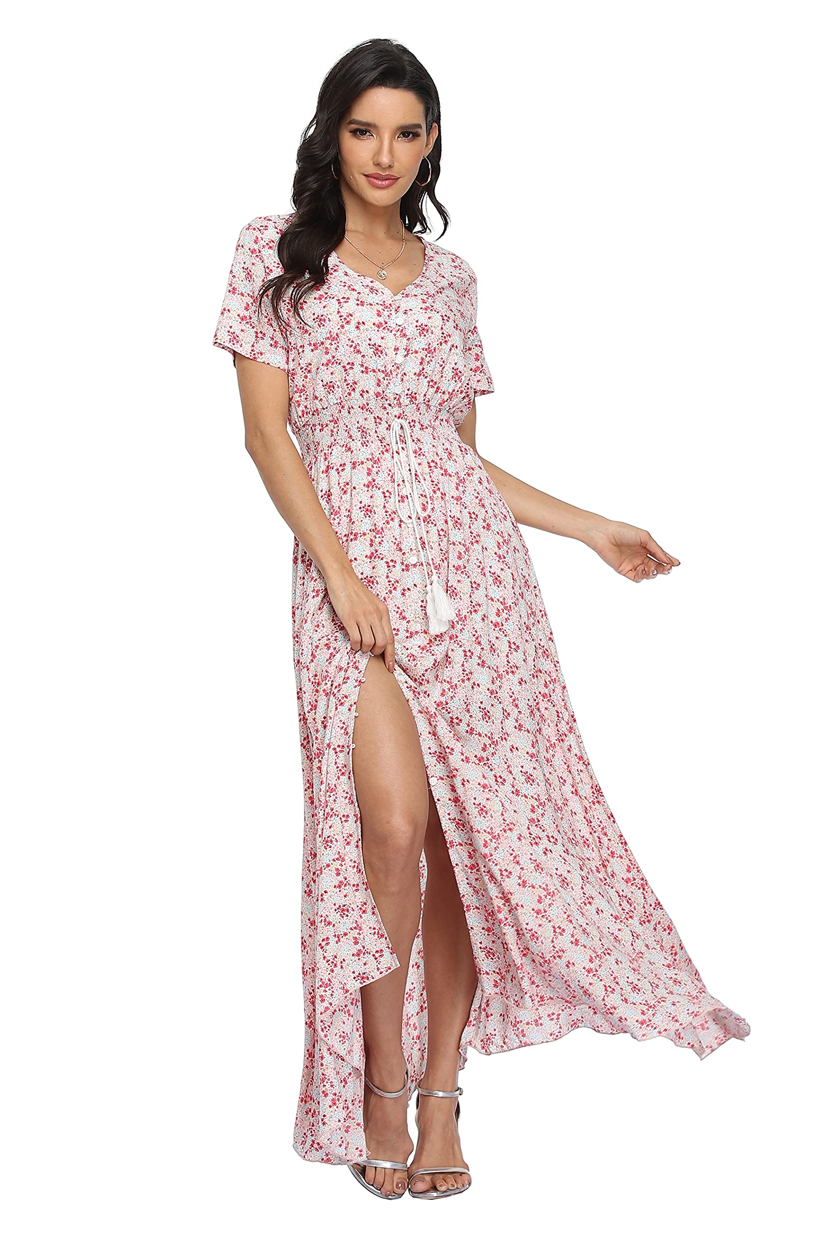 Vintage Women's Floral Print Maxi Dress - Boho Button Up Split Long Dress for Beach, Party & Summer Outfits | Casual & Formal Occasions