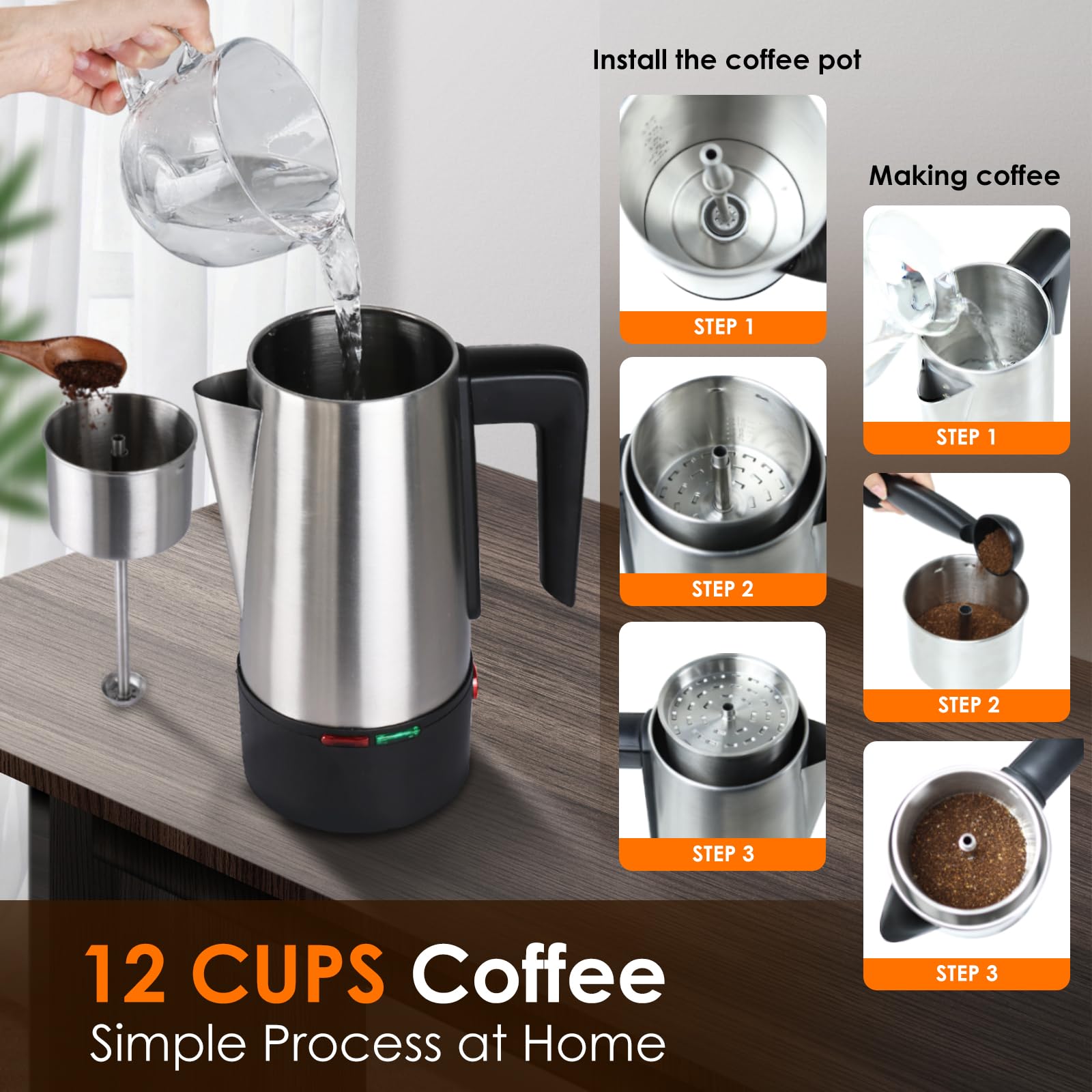 HOMOKUS 12-Cup Electric Coffee Percolator - 800W Stainless Steel Coffee Maker with Auto Keep Warm, Cool-Touch Handle & Clear Knob - Perfect for Home, Office, Camping & Outdoor Use