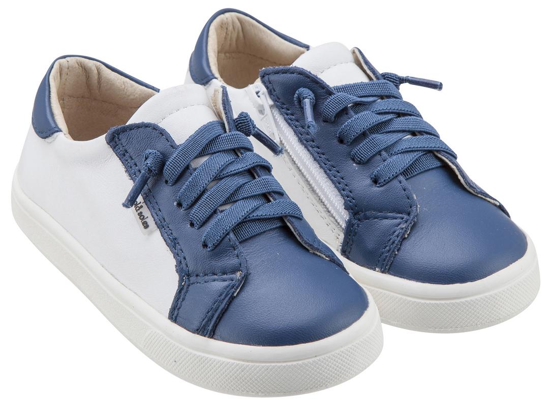 Old Soles 6030 Thor Runner Sneakers for Boys & Girls - White & Blue Leather Shoes with Faux Laces & Side Zipper - Comfortable Kids' Athletic Shoes for School, Play & Everyday Wear