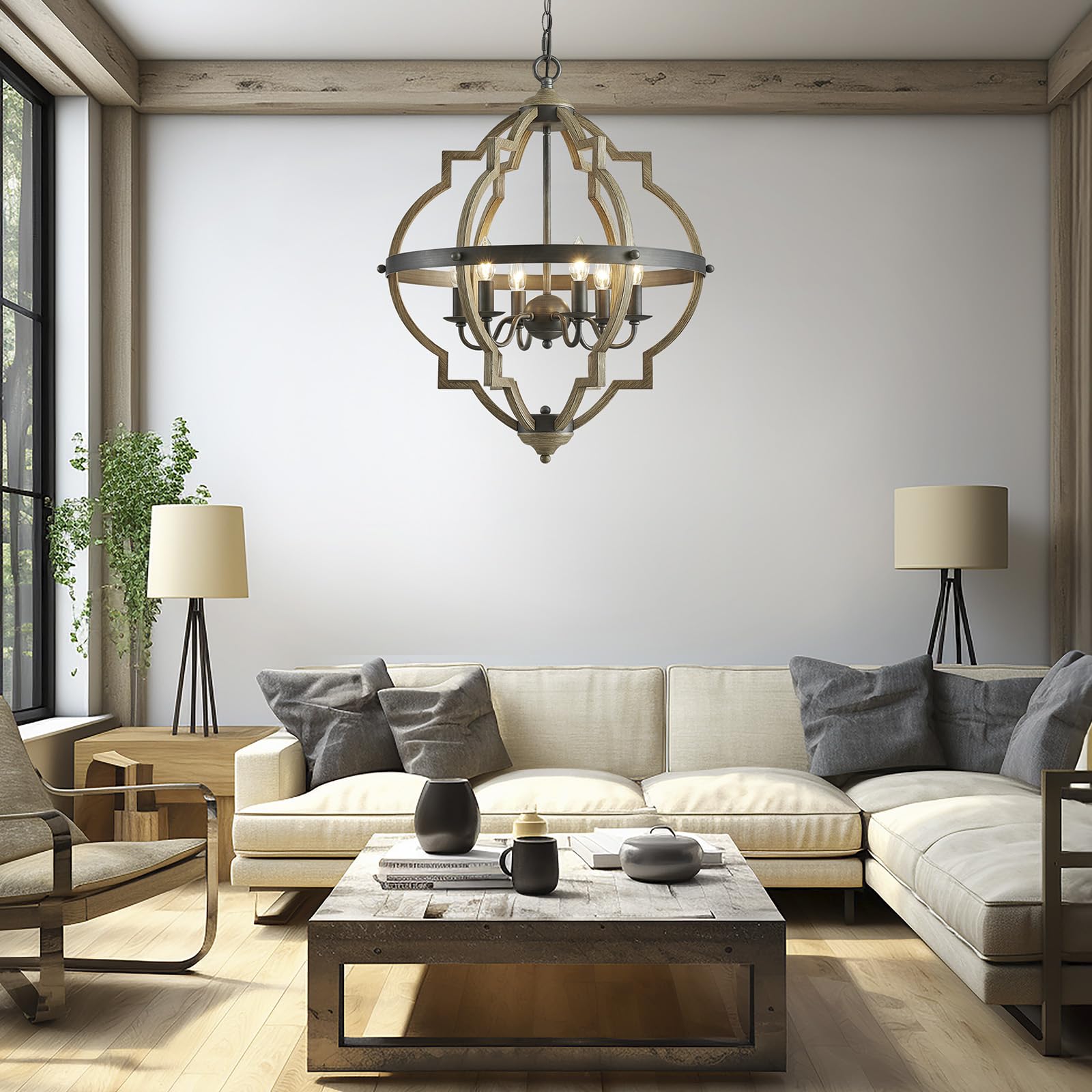 Saint Mossi 6-Light Farmhouse Chandelier - Rustic Wood Grain Metal Frame Globe Pendant Light with Adjustable Hanging Chain (29
