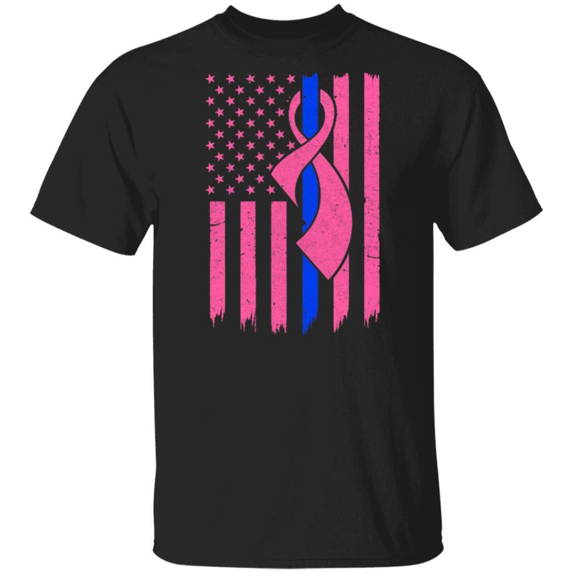 Blue Line Police US Flag Pink Ribbon Breast Cancer Awareness T-Shirt - Short Sleeve Cotton Tee for Law Enforcement Support & Cancer Awareness Events