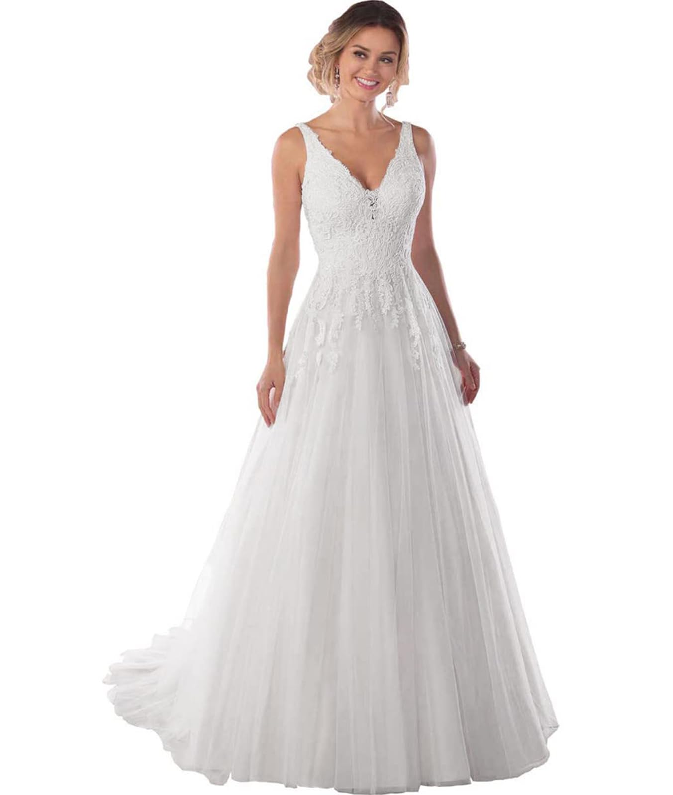 Boho Wedding Dresses for Women - Lace Applique A-Line Beach Bridal Gown with Long Train | Perfect for Beach Weddings, Outdoor Ceremonies & Boho Chic Brides
