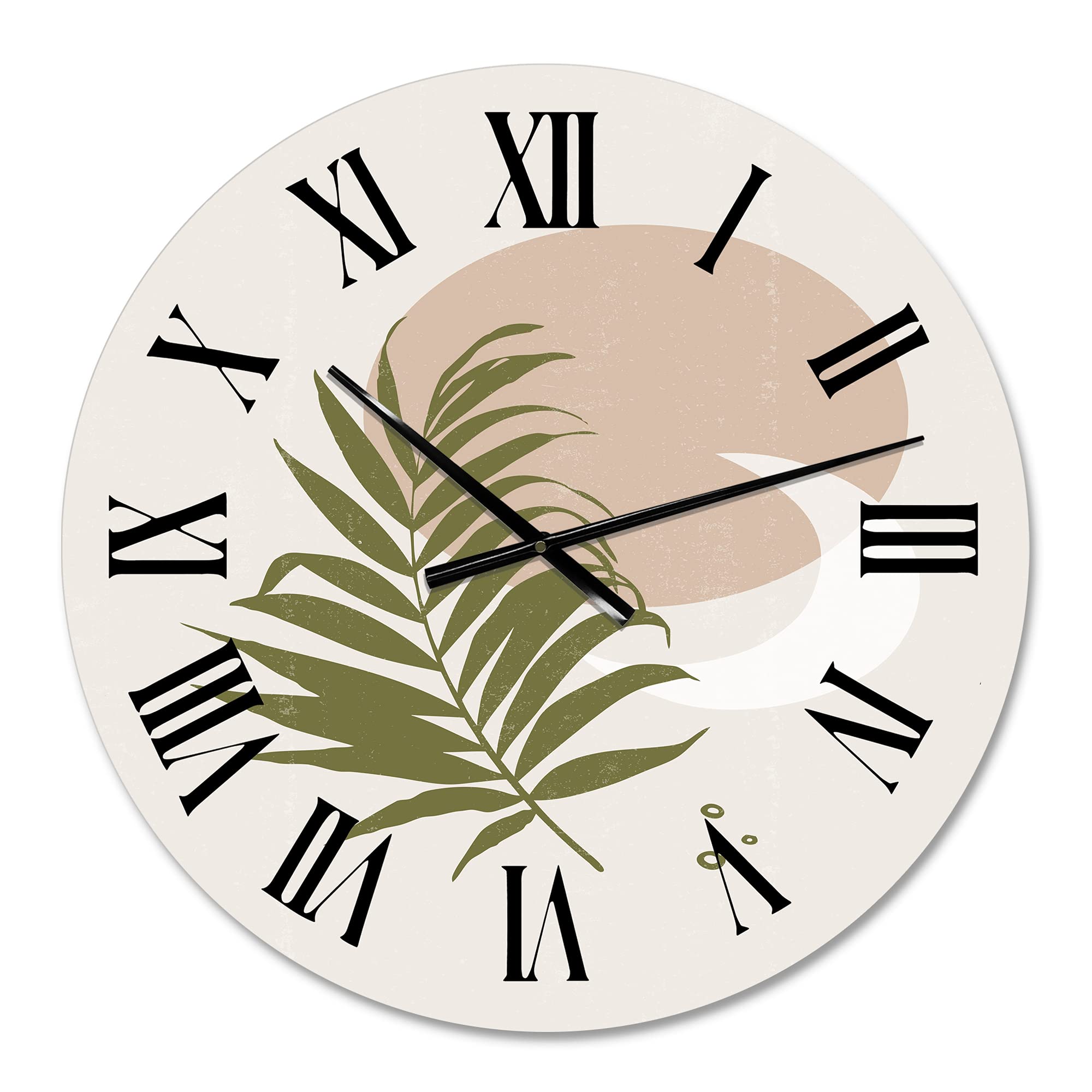 DesignQ Modern Abstract Sun and Moon Wall Clock with Green Leaf - Large Fractal Art Home Decor for Living Room, Bedroom & Office
