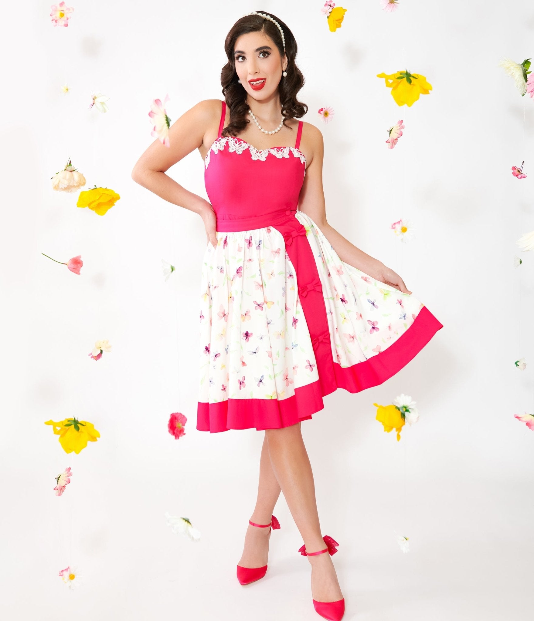 Vintage 1950s Hot Pink & White Butterfly Print Swing Skirt - Retro 50s Style A-Line Skirt for Women | Perfect for Swing Dancing, Rockabilly Outfits & Vintage Fashion Shows