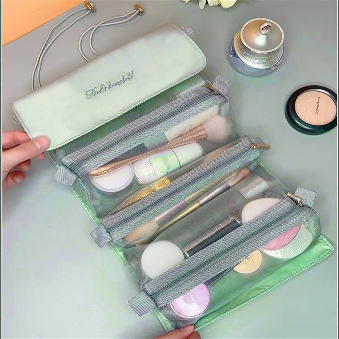 Large Waterproof Hanging Makeup Bag - Foldable Travel Cosmetic Organizer with Detachable Compartments, Green Toiletry Storage for Women | Perfect for Travel, Gym, and Daily Beauty Essentials