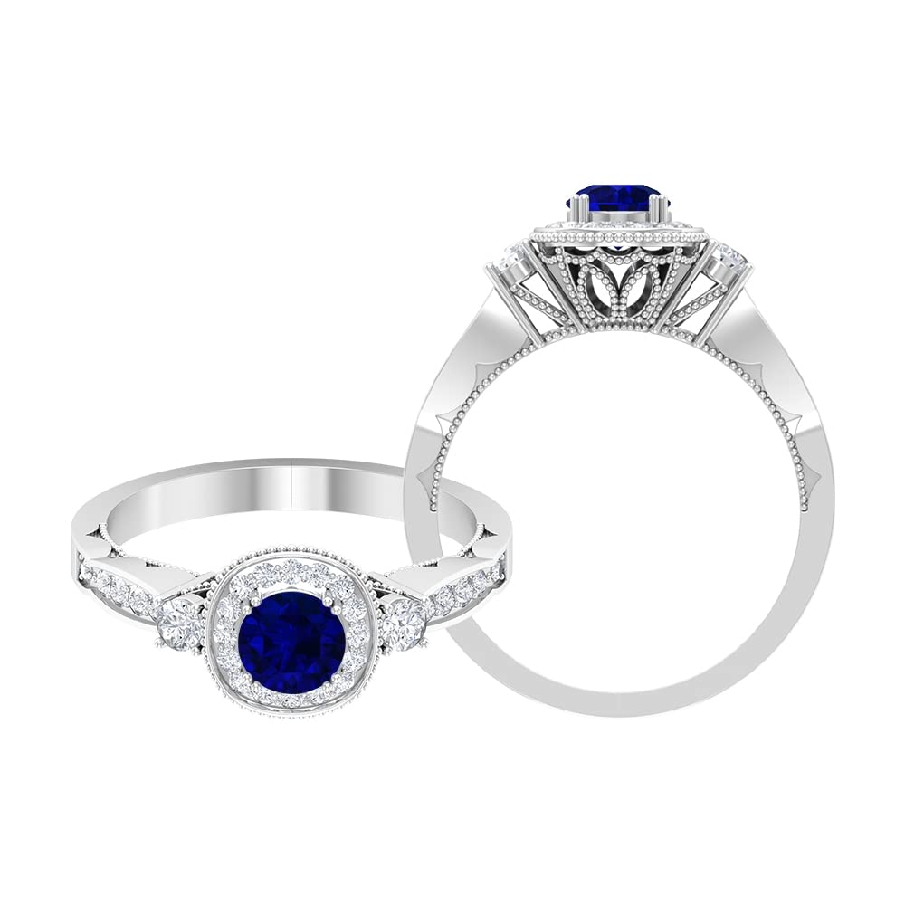 1 CT Blue Sapphire and Diamond Ring for Women - 14K Solid Gold Vintage Inspired Beaded Ring, Elegant Jewelry Gift for Anniversary, Engagement, Wedding, and Special Occasions