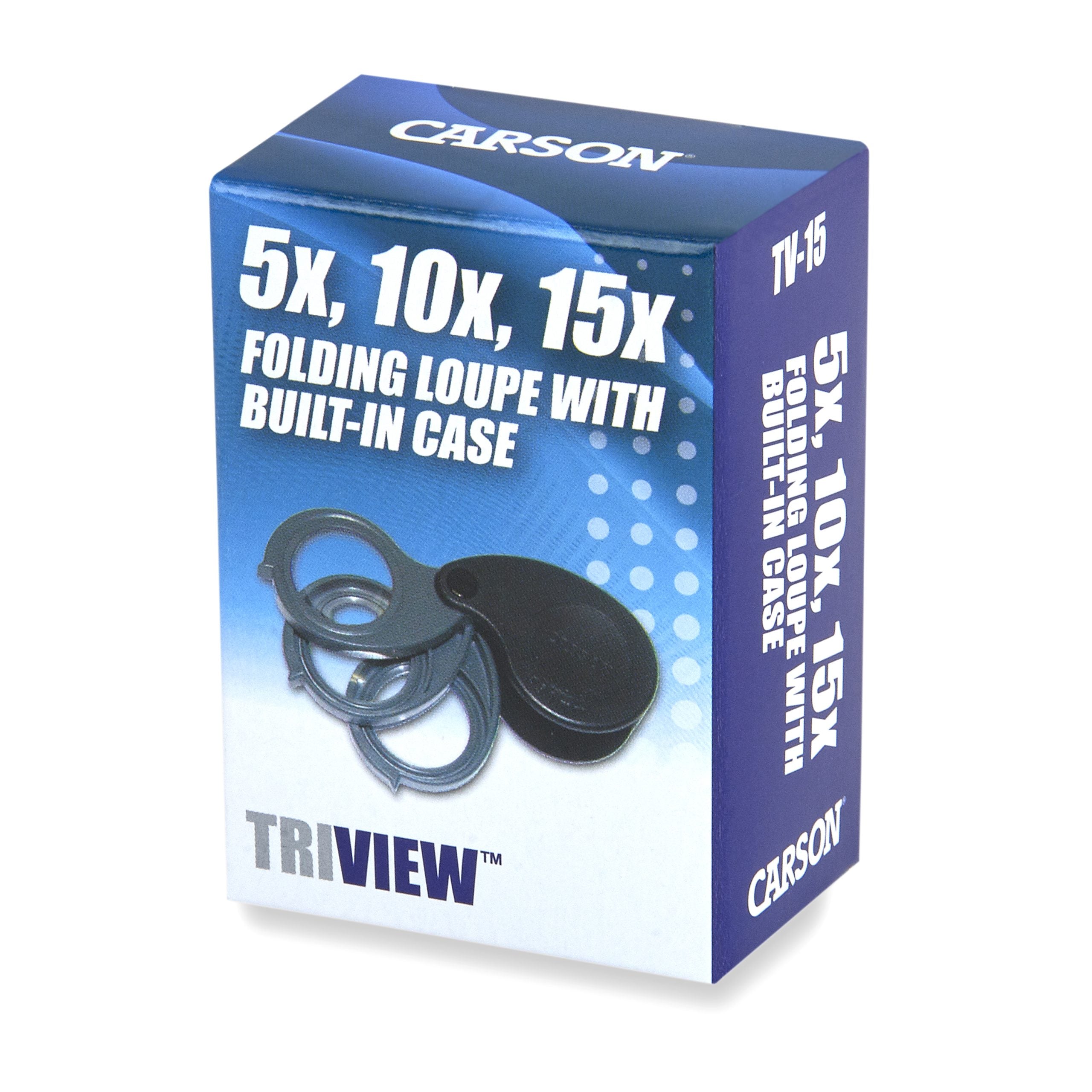 Carson TriView 5x 10x 15x Folding Magnifier with Built-in Case - Portable Jewelry Loupe for Coin Collectors, Stamp Hobbyists & Reading Small Prints - Ideal for Gem Appraisal, Antique Inspection & Close-up Work