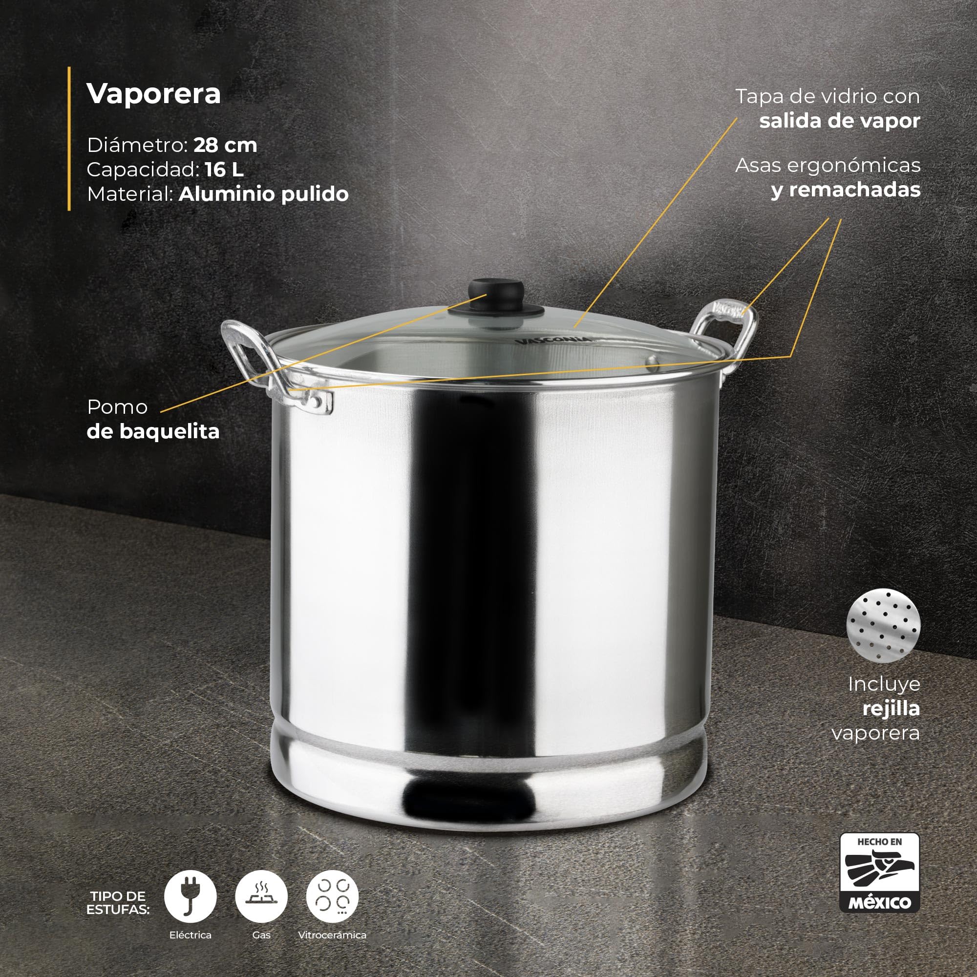 Vasconia 17-Quart Aluminum Steamer Pot with Tray & Glass Lid - Large Multi-Purpose Stock Pot for Tamales, Seafood, Vegetables & Soups - Stovetop Safe Cooking Pot for Home & Restaurant Use - Hand Wash Only Kitchen Essential