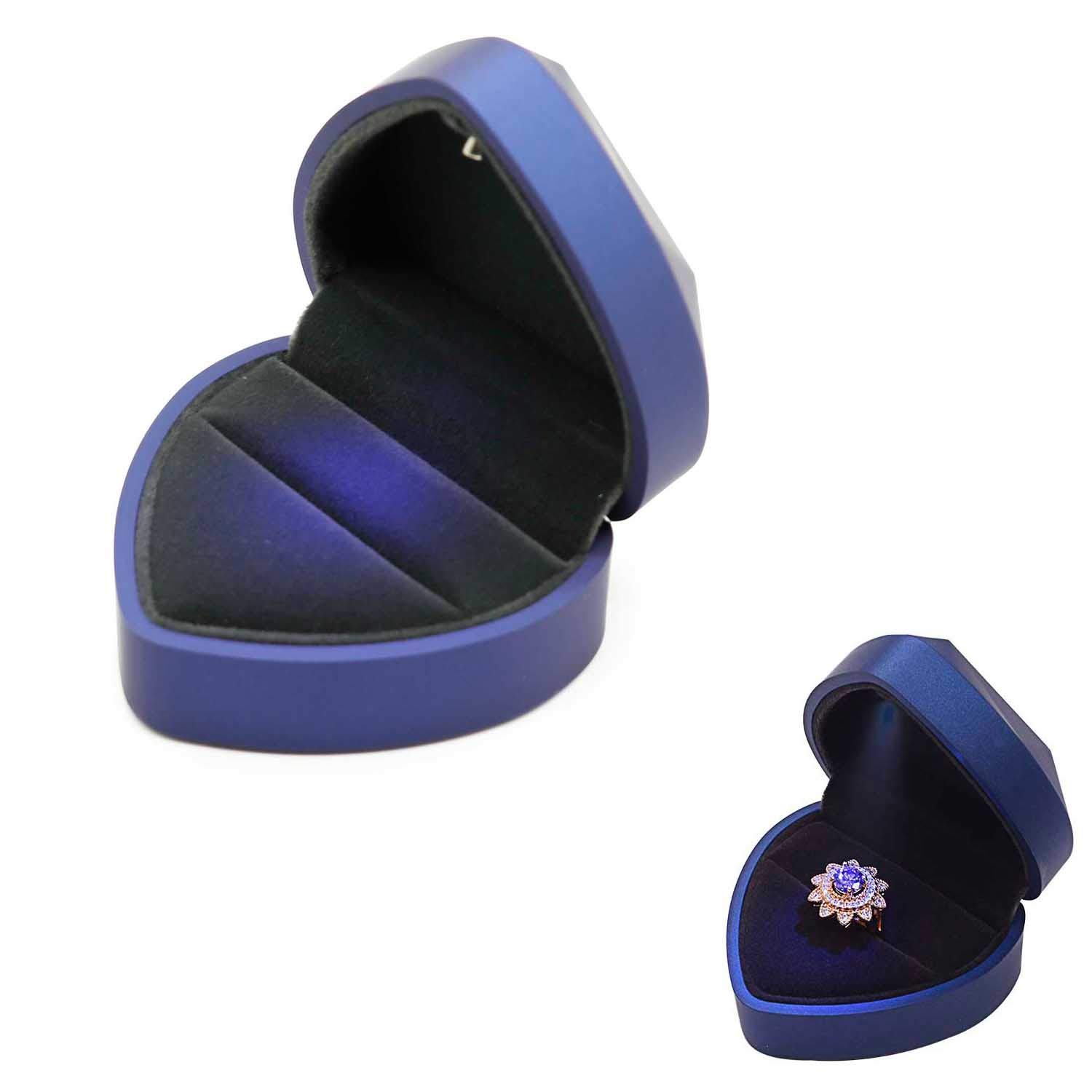 Heart Shaped Velvet Ring Box with LED Light - Perfect for Wedding, Proposal & Engagement - Elegant Blue Jewelry Gift Box for Couples