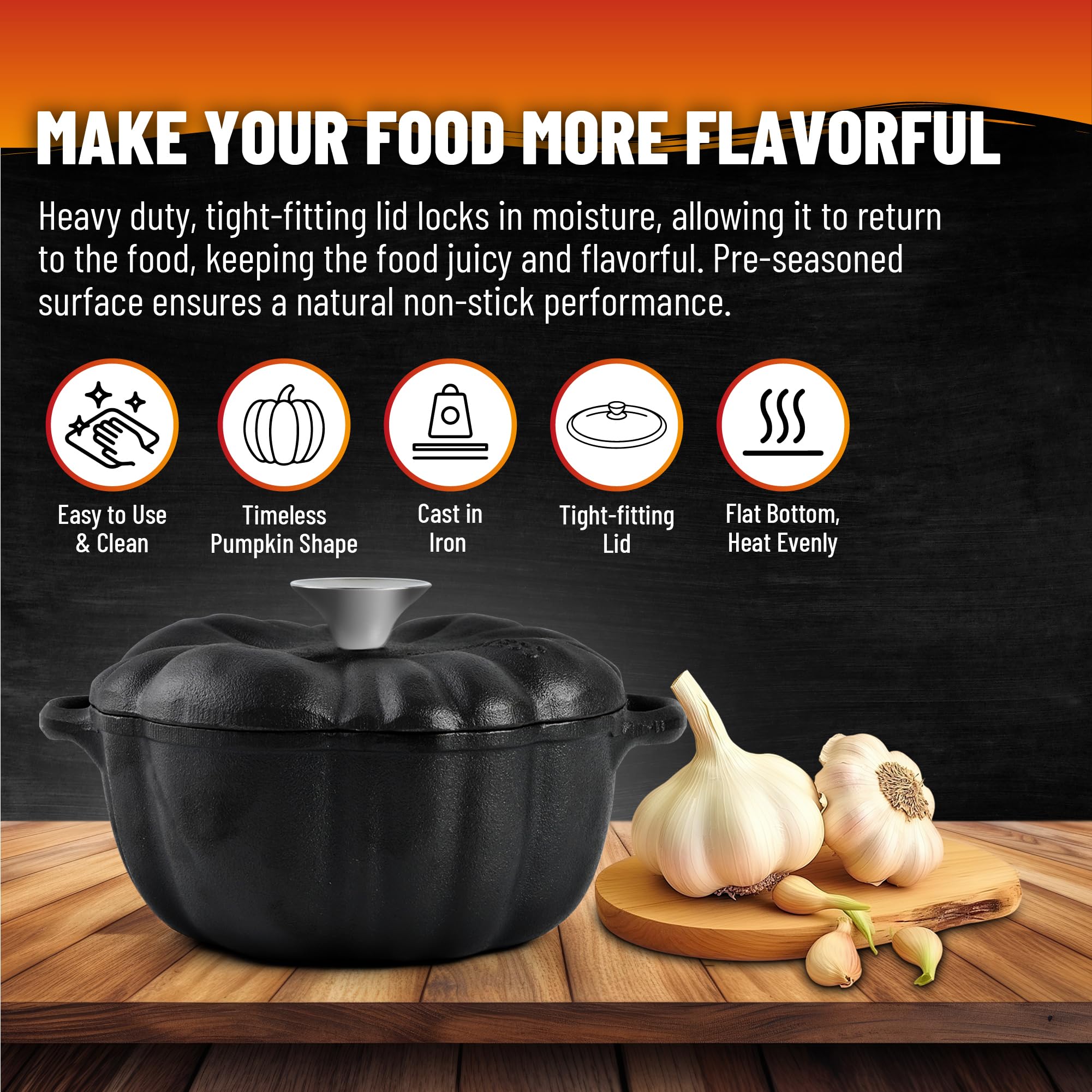 SOBEIT 1.68 Quart Pre-Seasoned Cast Iron Dutch Oven with Lid - Mini Pumpkin Shaped Pot for Baking, Roasting, Stewing & Serving | Perfect for Garlic Bread, Casseroles, Camping & Kitchen Decor (Black)