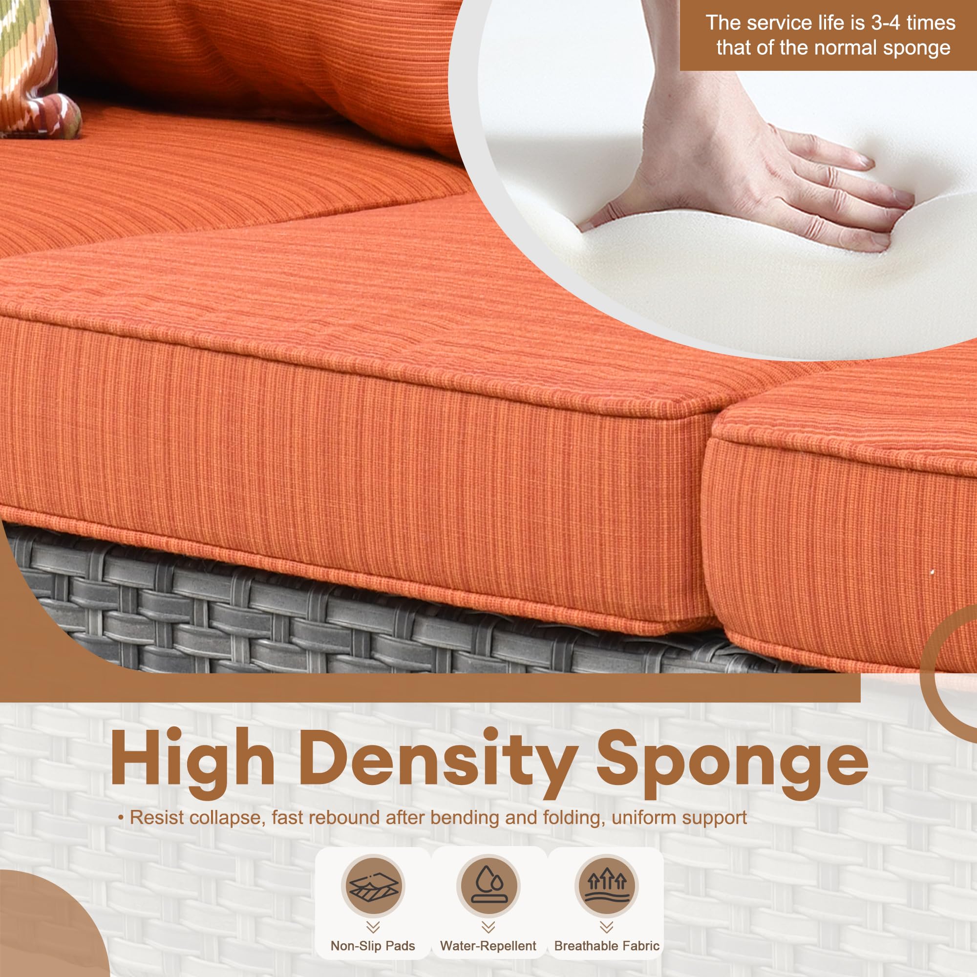 Weather-Resistant Outdoor Patio Sofa Set with 2 Ottomans & 2 Pillows - Deep Seating Wicker Couch for Balcony, Porch, Backyard - Perfect for Relaxing, Entertaining & Outdoor Lounging (Orange Red)